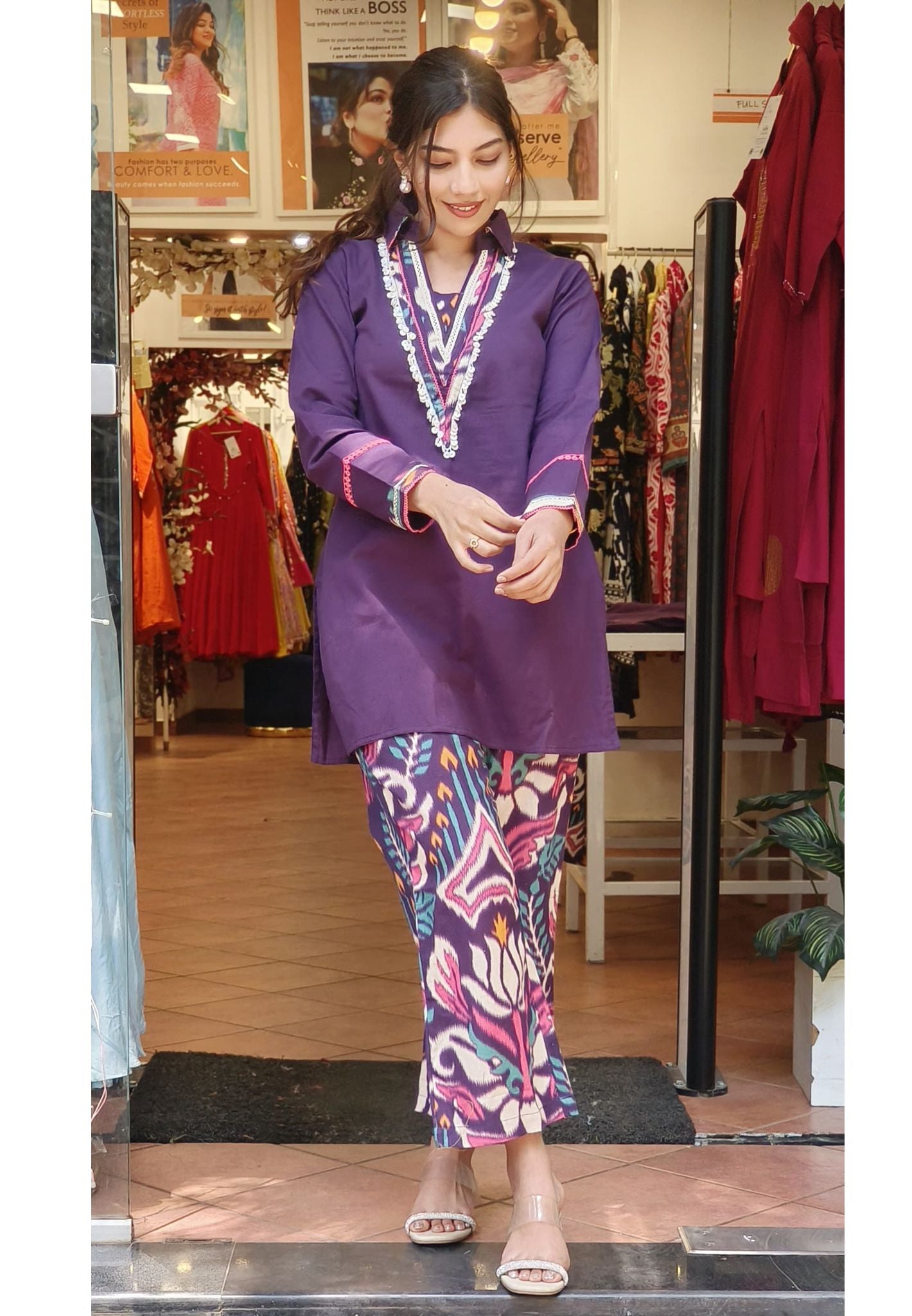 Elegant Collar Style Cotton Kurta with Matching Printed Pants – A Perfect Blend of Style and Comfort