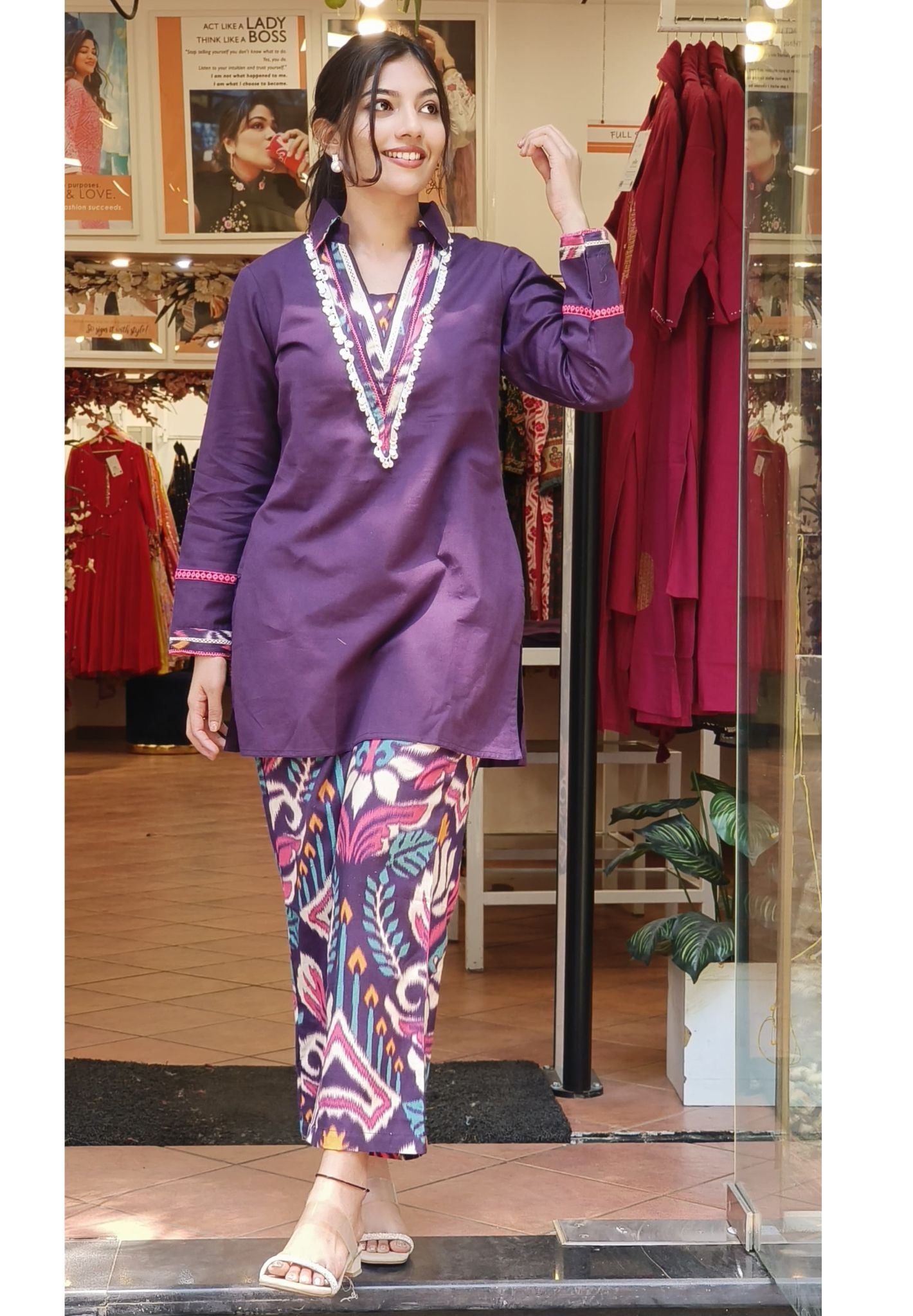 Elegant Collar Style Cotton Kurta with Matching Printed Pants – A Perfect Blend of Style and Comfort