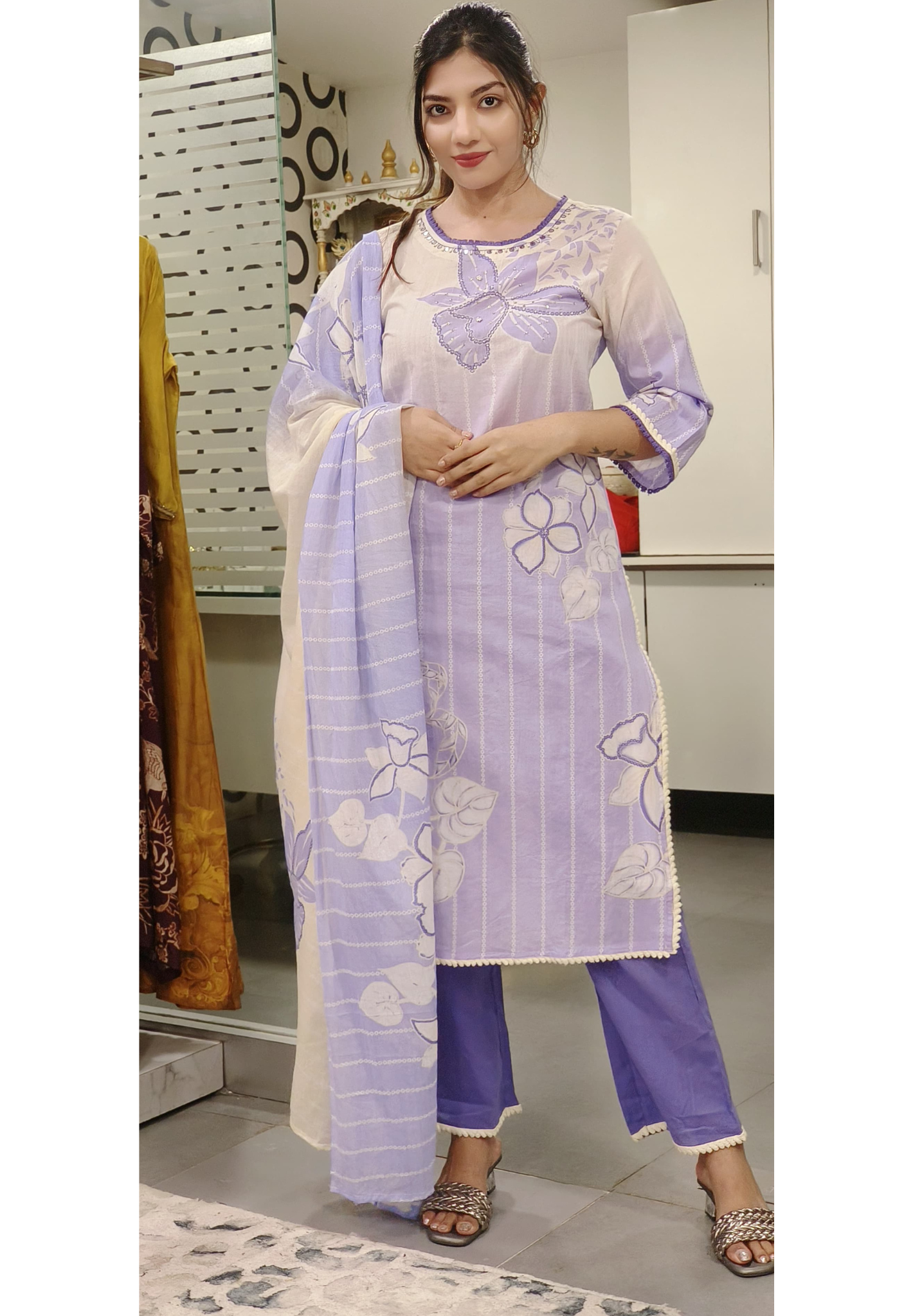Graceful Cotton Floral Print Embroidered Kurta Set with Pant & Dupatta-08606-05