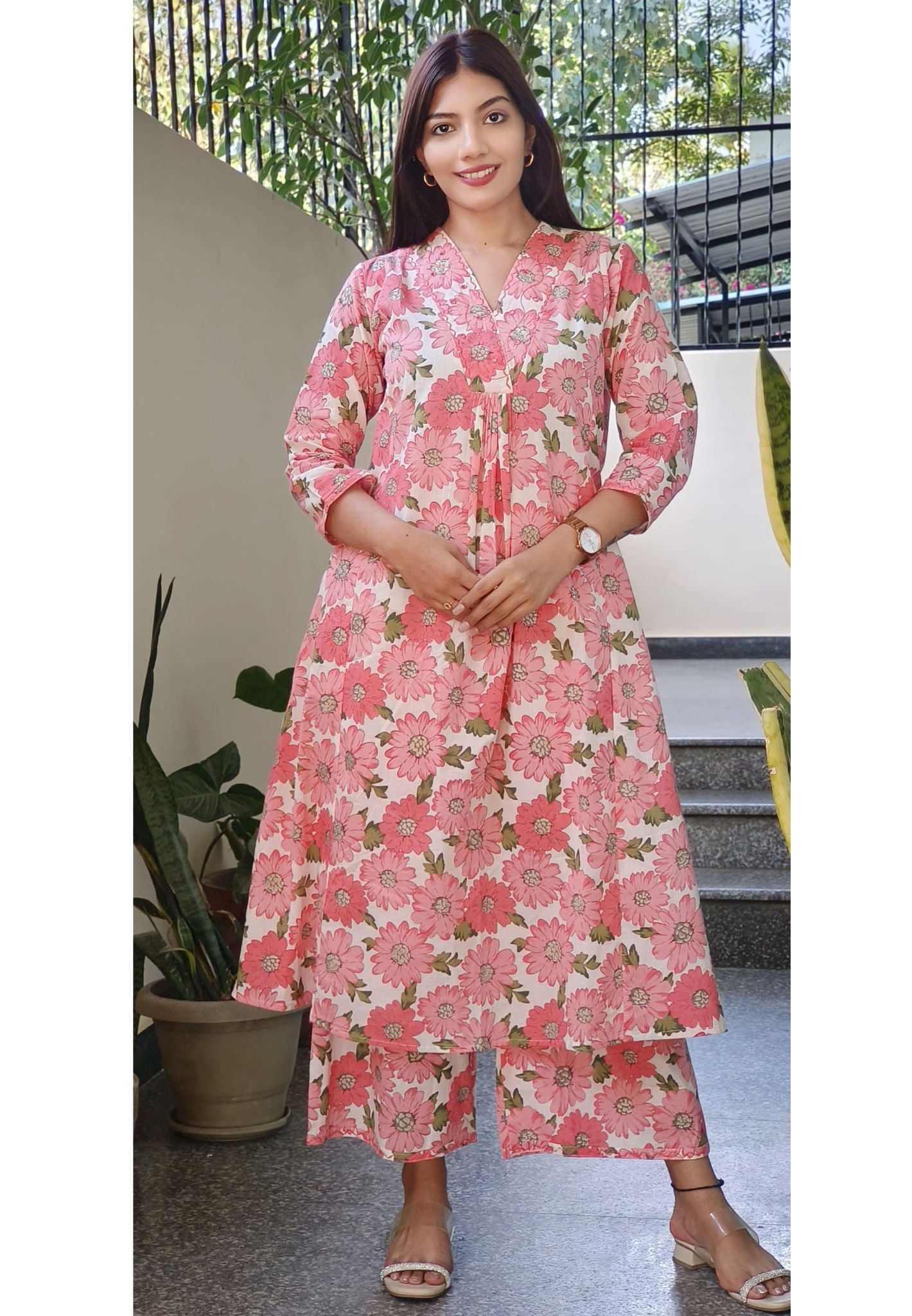 Elegant Peach Pink Green Floral Print A-Line Kurta with Matching loose palazzo Pants in Pure Cotton – Perfect for Everyday Style-08699