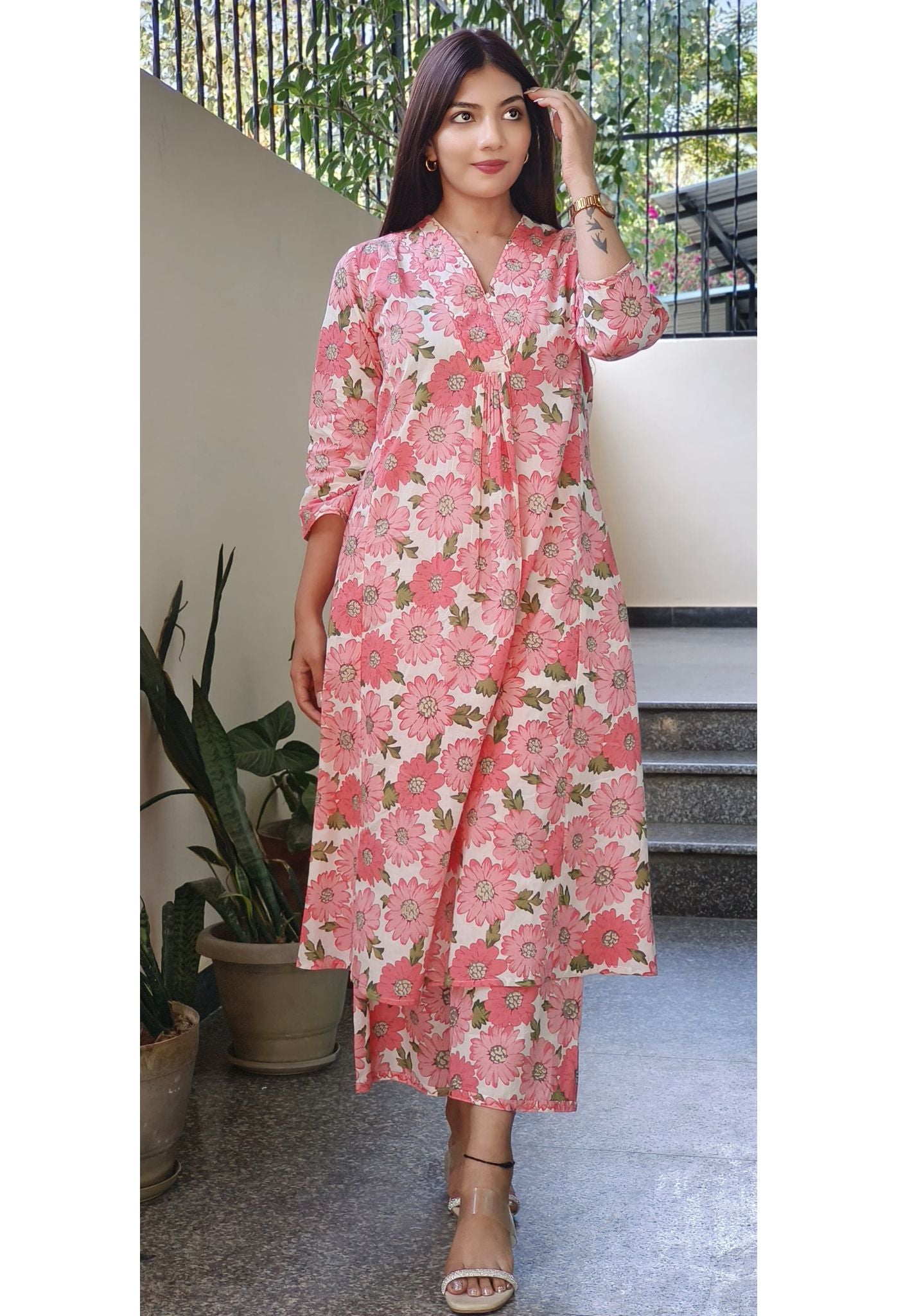 Elegant Peach Pink Green Floral Print A-Line Kurta with Matching loose palazzo Pants in Pure Cotton – Perfect for Everyday Style-08699