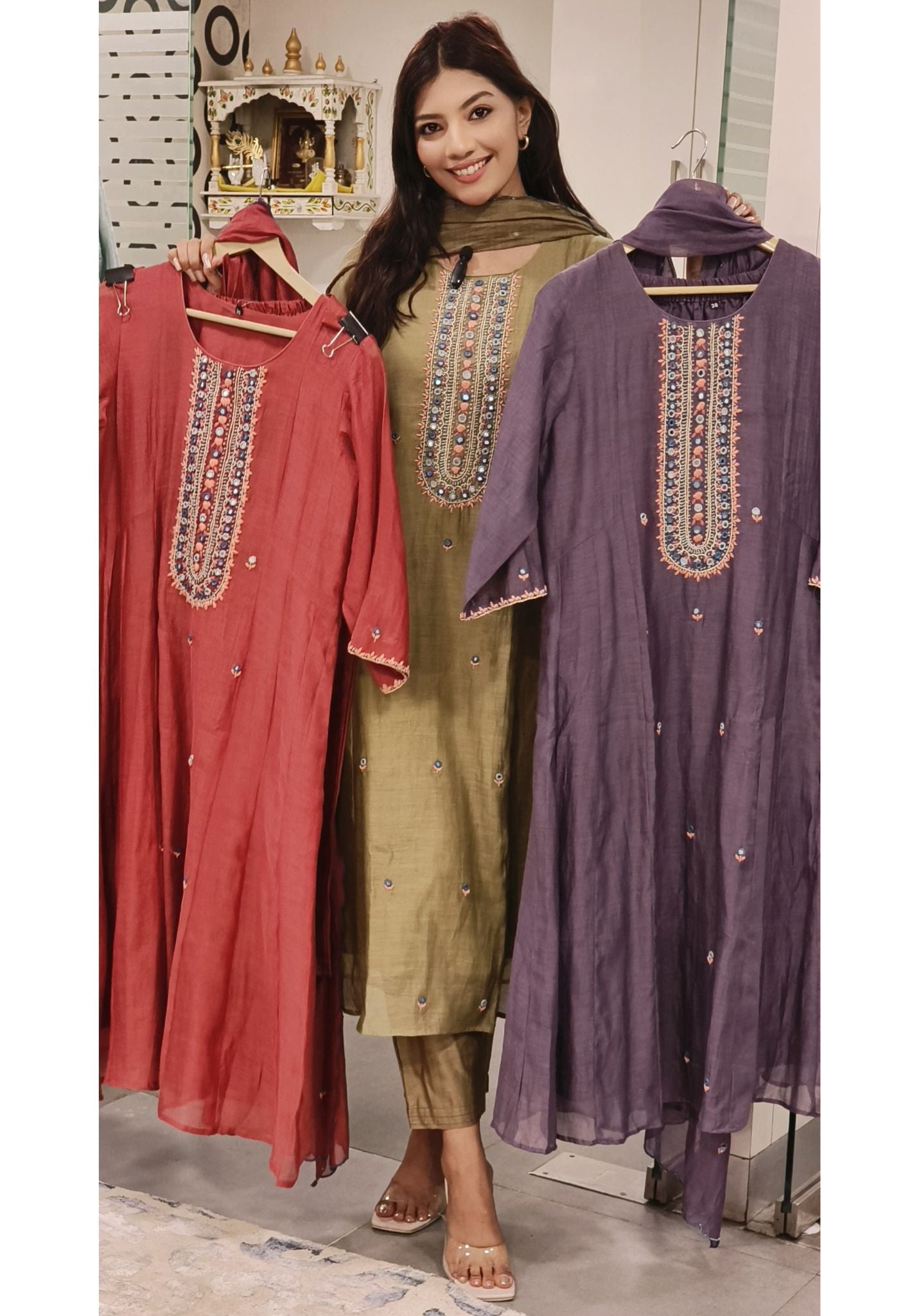 Beautiful Pure Mall Chanderi Embroidered Aline Kurta With Pant and Dupatta-08849-50-51