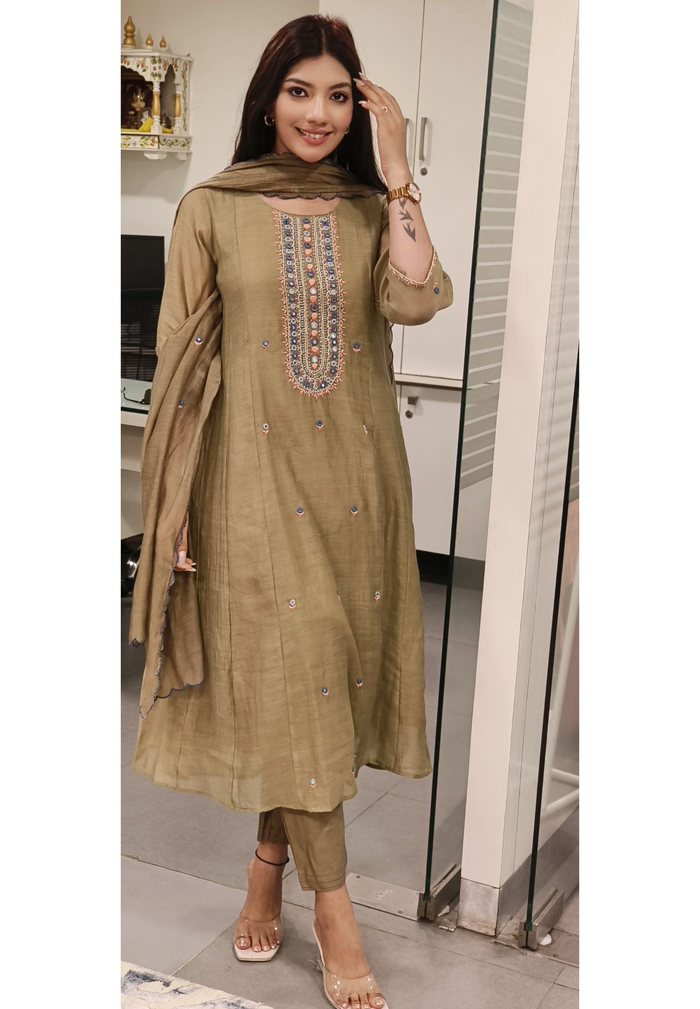 Beautiful Pure Mall Chanderi Embroidered Aline Kurta With Pant and Dupatta-08849-50-51