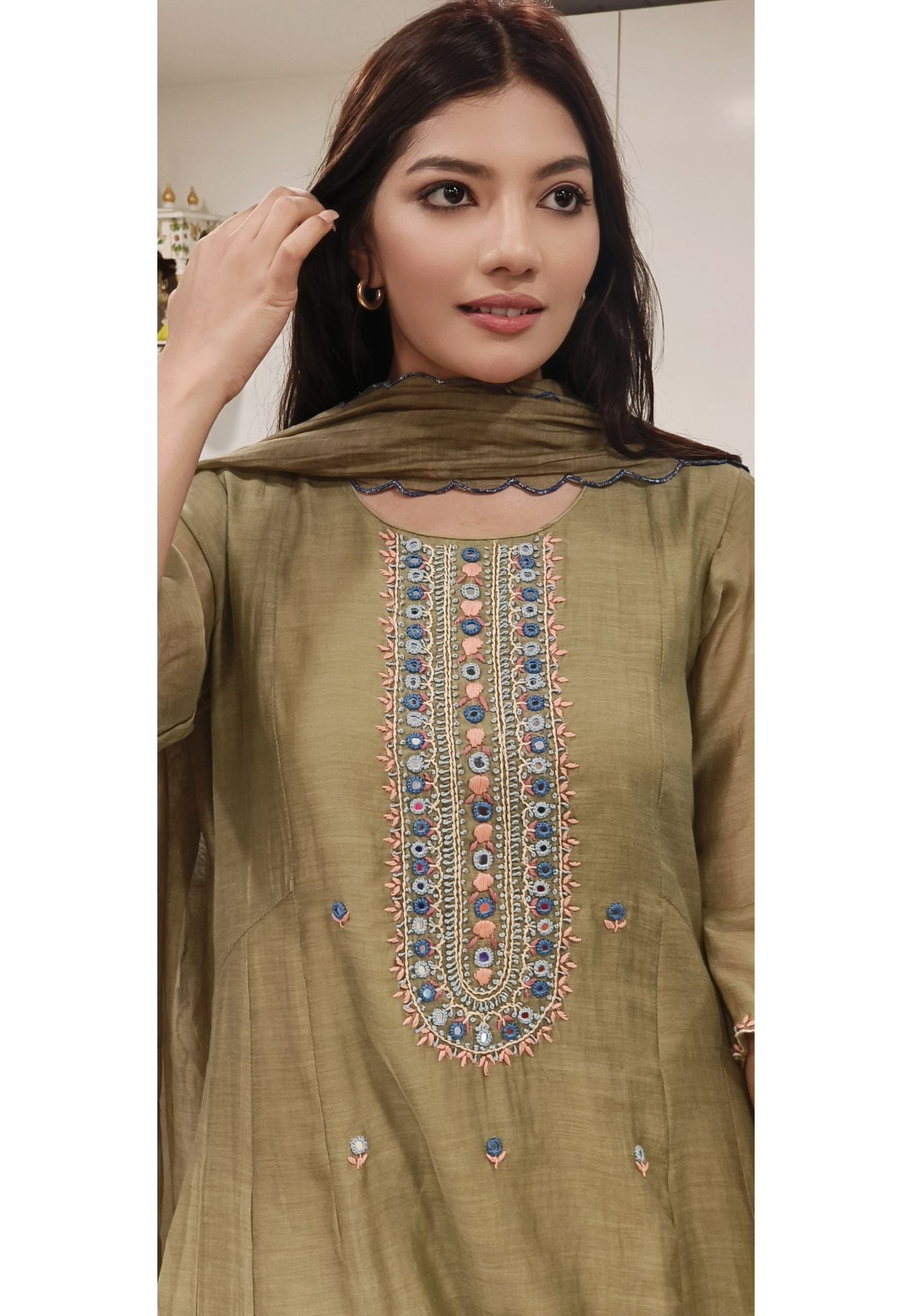Beautiful Pure Mall Chanderi Embroidered Aline Kurta With Pant and Dupatta-08849-50-51