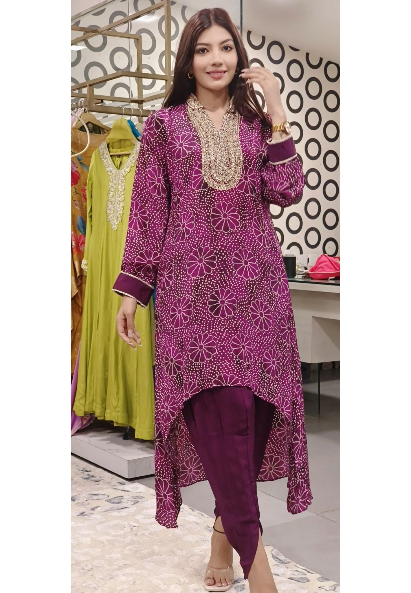 Stylish Bandhani Print High-Low Kurti with Tulip Pants  Embellished Neckline-08862-08863