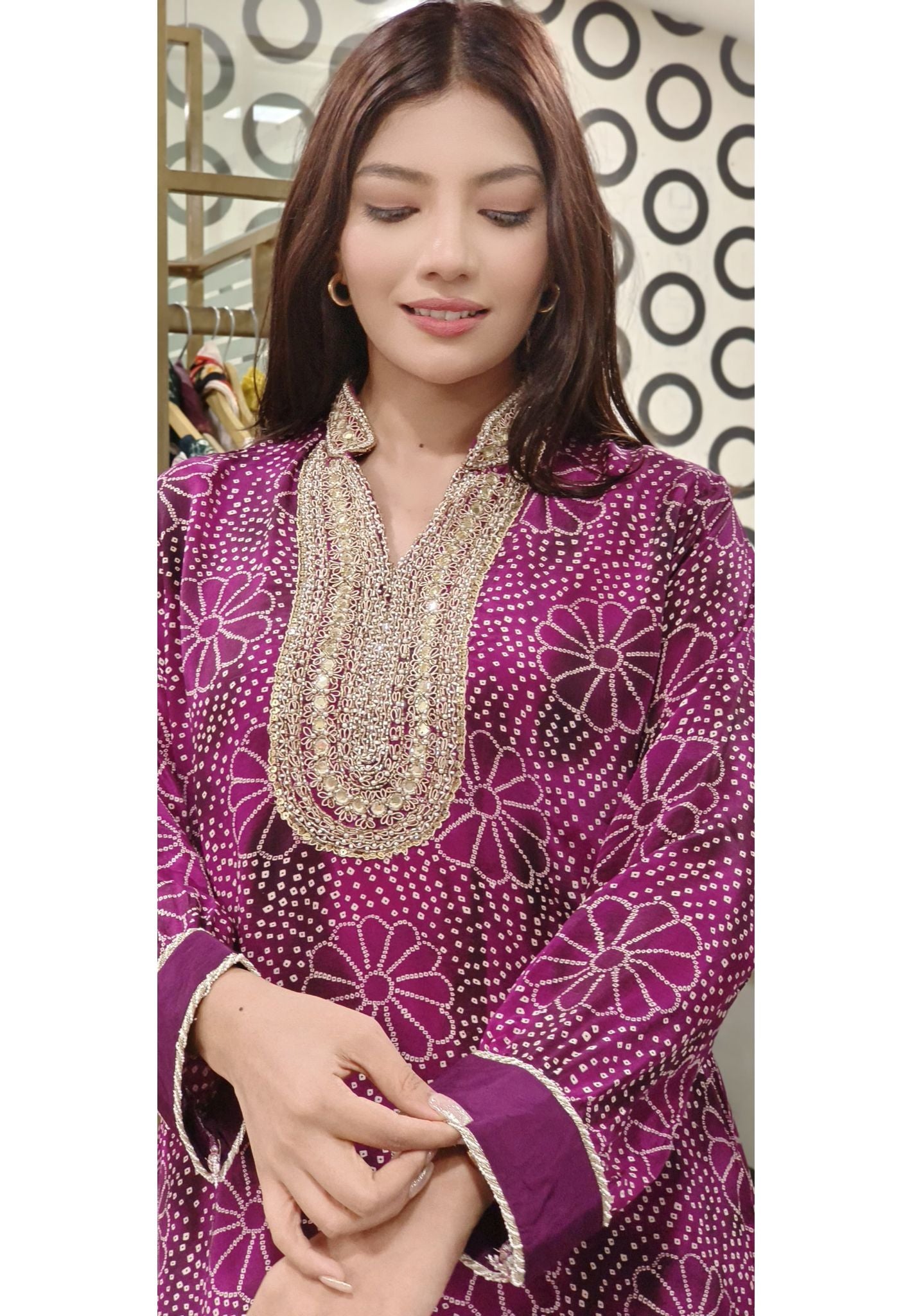Stylish Bandhani Print High-Low Kurti with Tulip Pants  Embellished Neckline-08862-08863