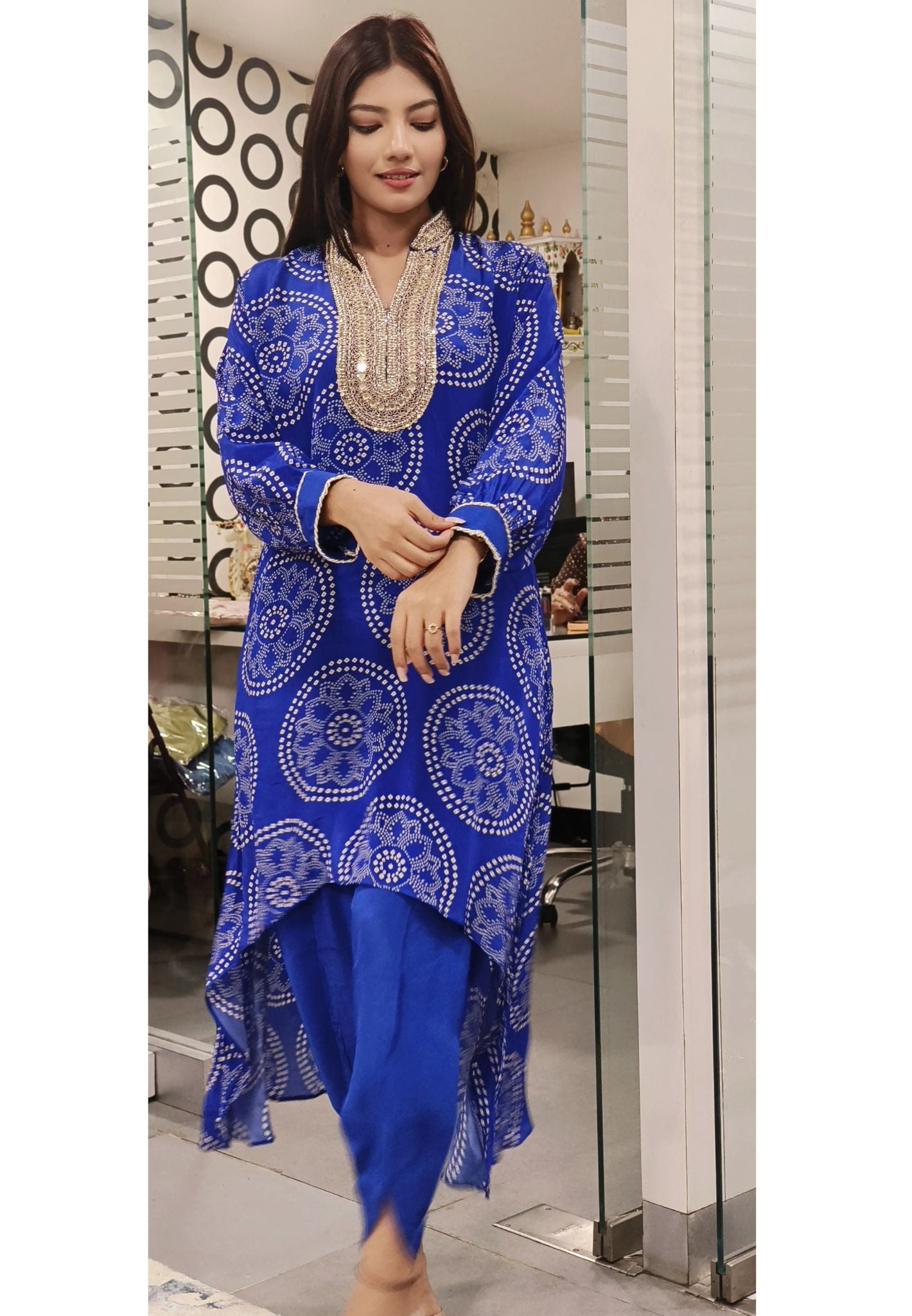 Stylish Bandhani Print High-Low Kurti with Tulip Pants  Embellished Neckline-08862-08863