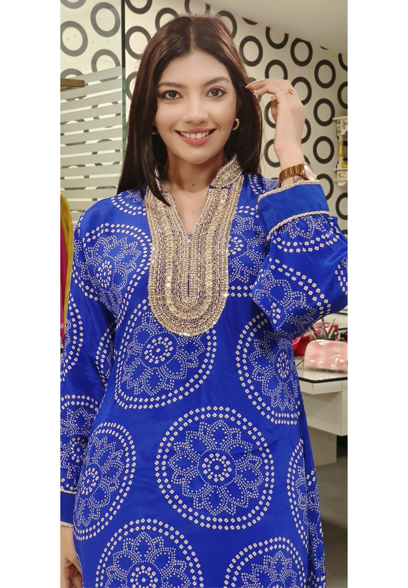 Stylish Bandhani Print High-Low Kurti with Tulip Pants  Embellished Neckline-08862-08863