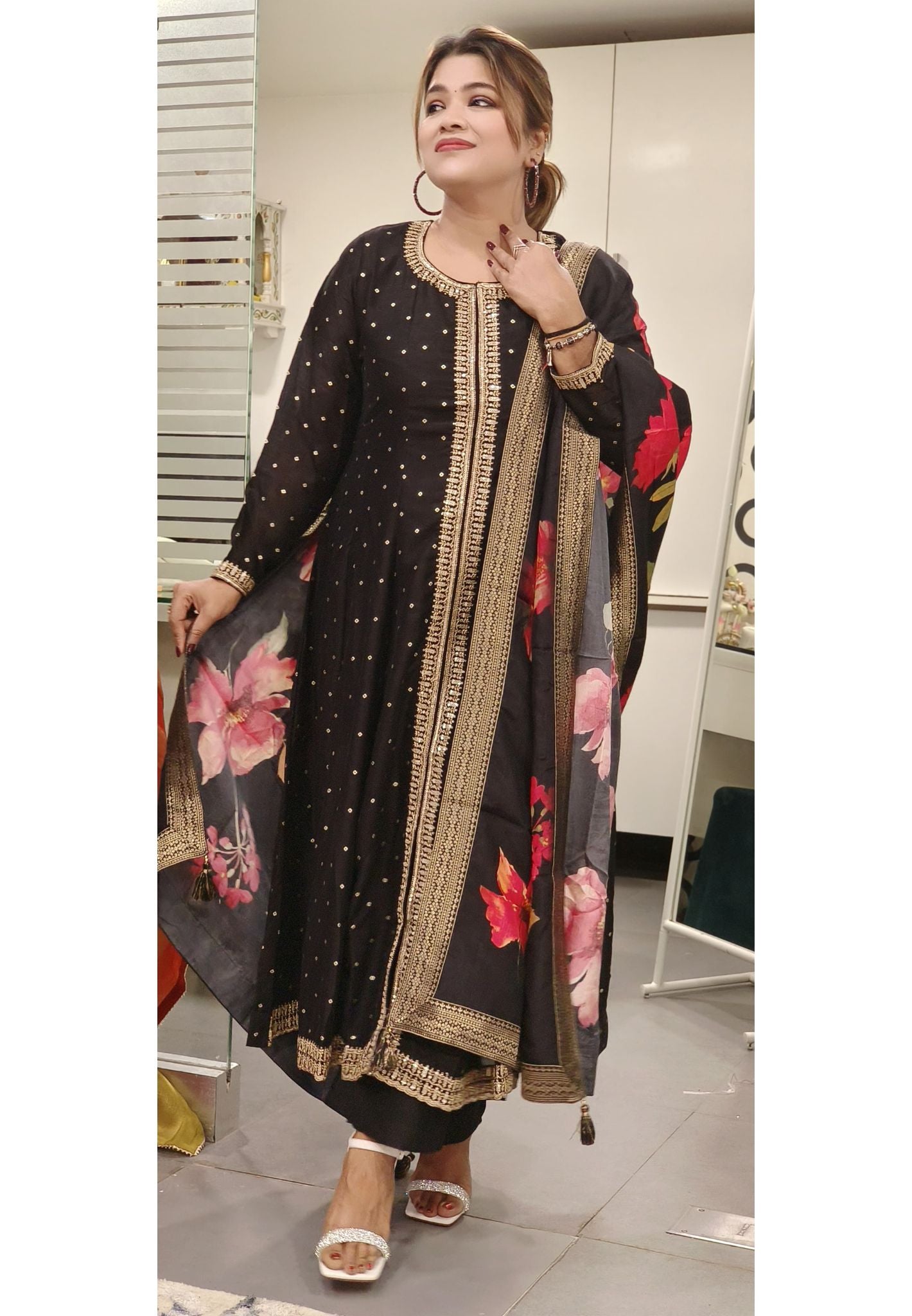 Graceful Black Silk Anarkali Suit with Vibrant Floral Dupatta
