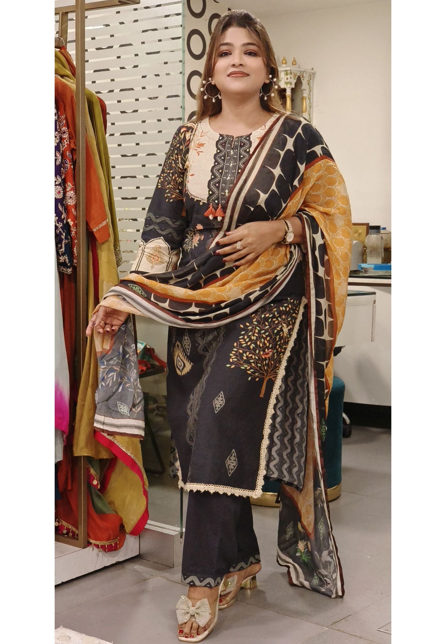 Linen Cotton Designer Kurta Pant with chinon Dupatta Midnight Black with Animal Inspired Prints-08816