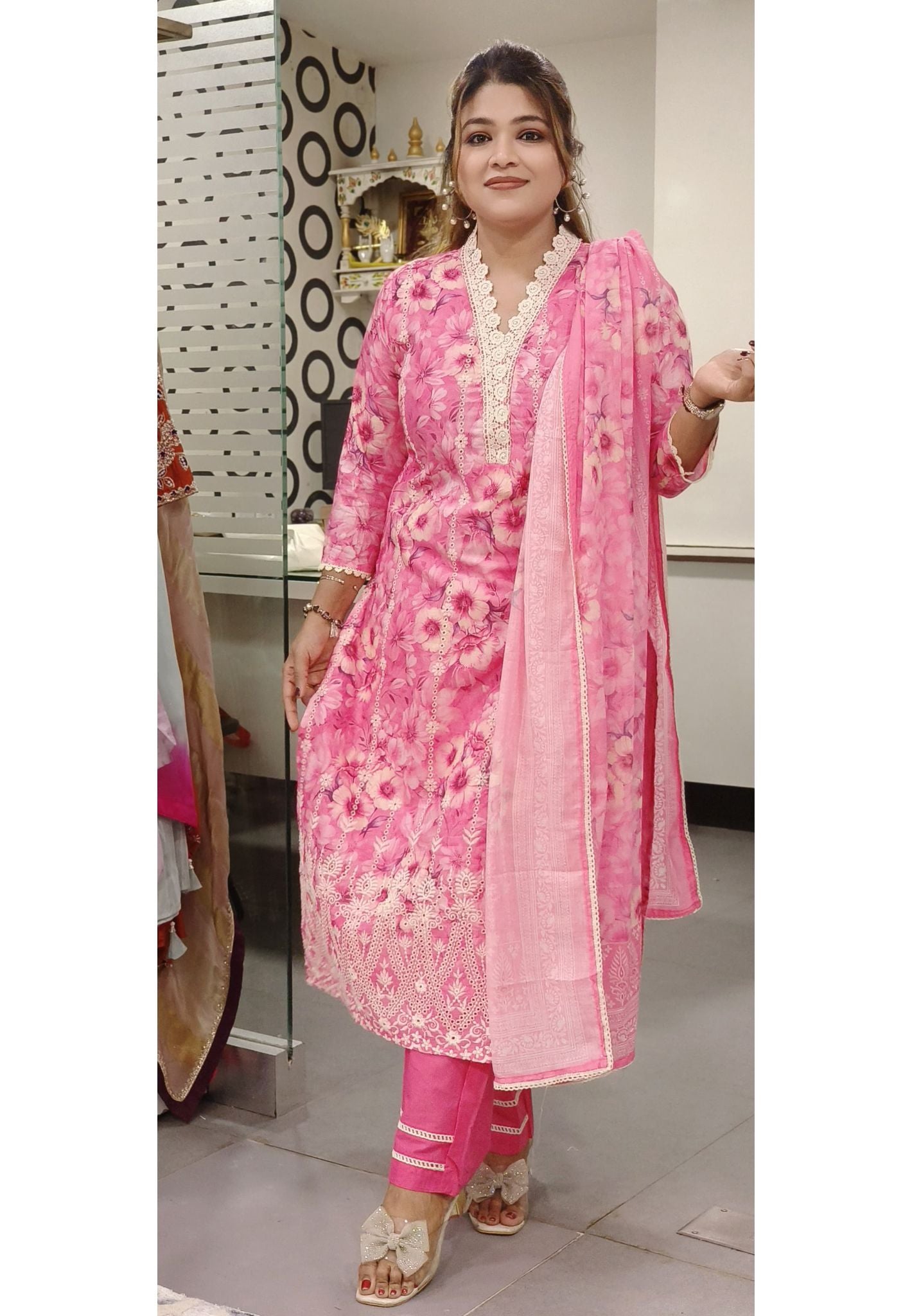 Floral Print Full suit in Cotton Shifli Fabric with V-Neck and Exquisite Crochet Lace Detailing-08906-907