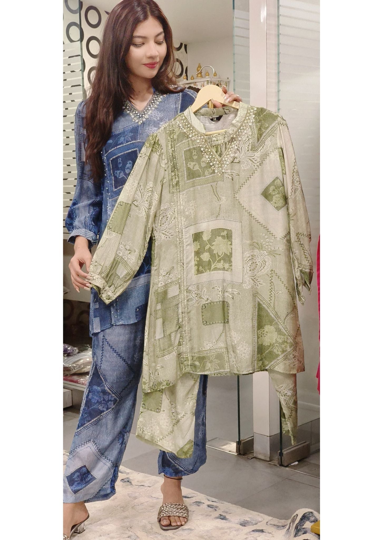 Denim Look Print Muslin Cord set  with V-Neck Embroidery-07683-07688
