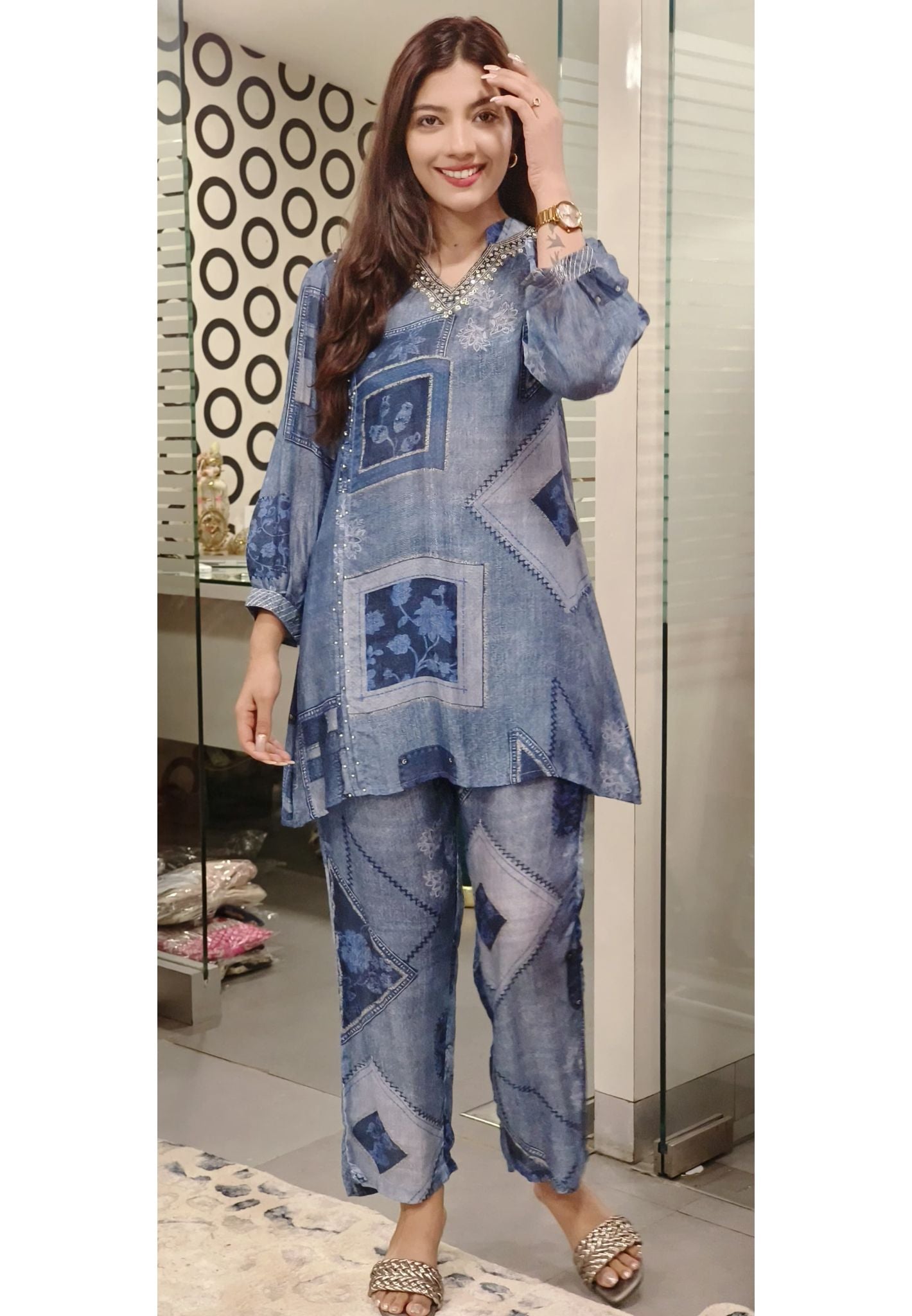 Denim Look Print Muslin Cord set  with V-Neck Embroidery-07683-07688