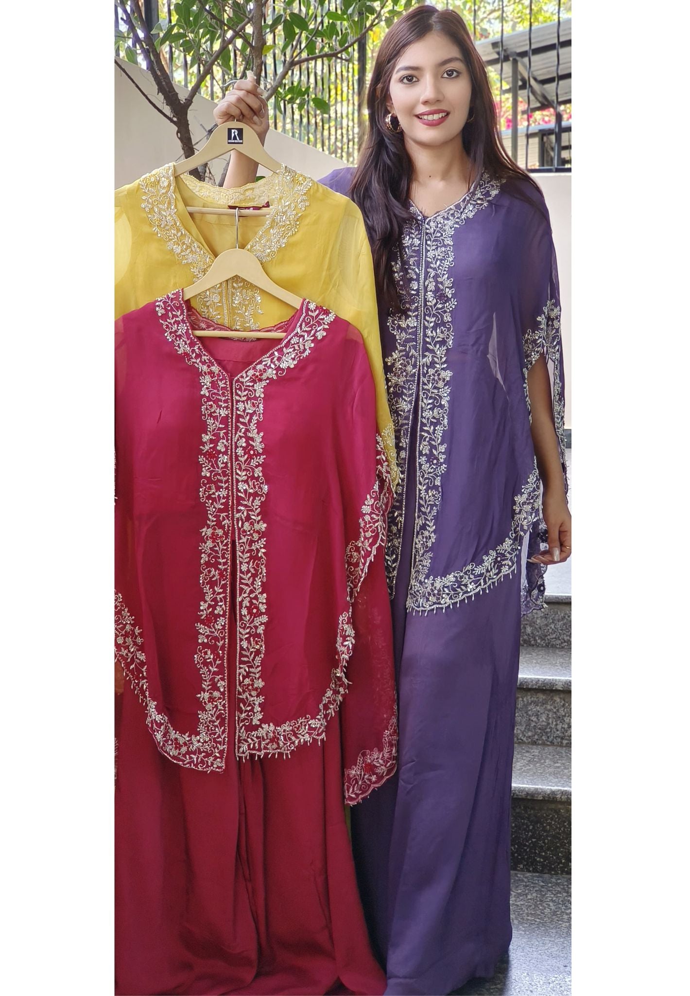 Elegant Organza Indo-Western Embroidered Chinon Crop Top with Palazzo & Cut Dana Embroidered Organza Cape-08902,08903