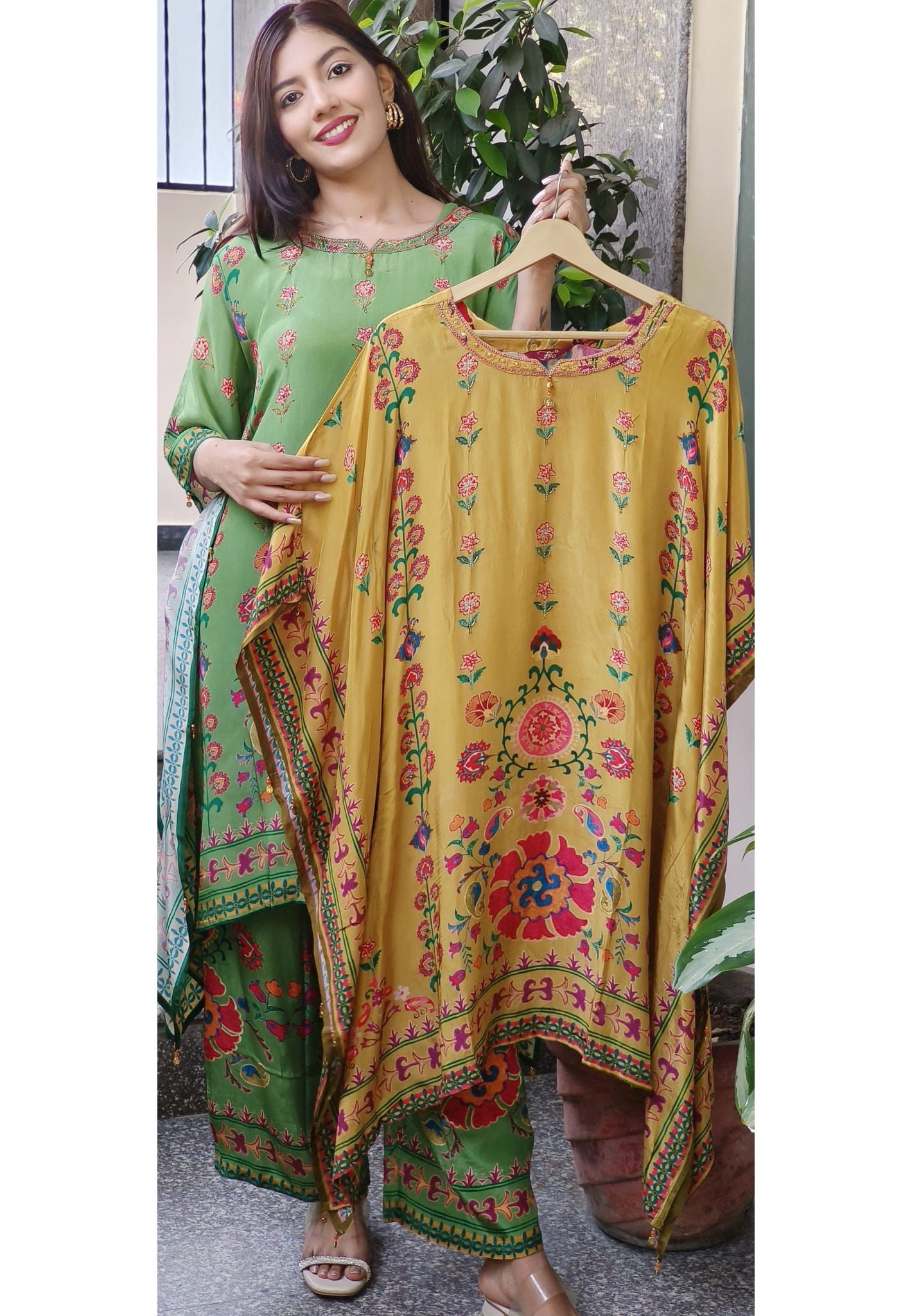 Luxurious Vibrant Printed Crape Kaftan with Inner And Pant With Exquisite Floral Embroidery-08923,08922