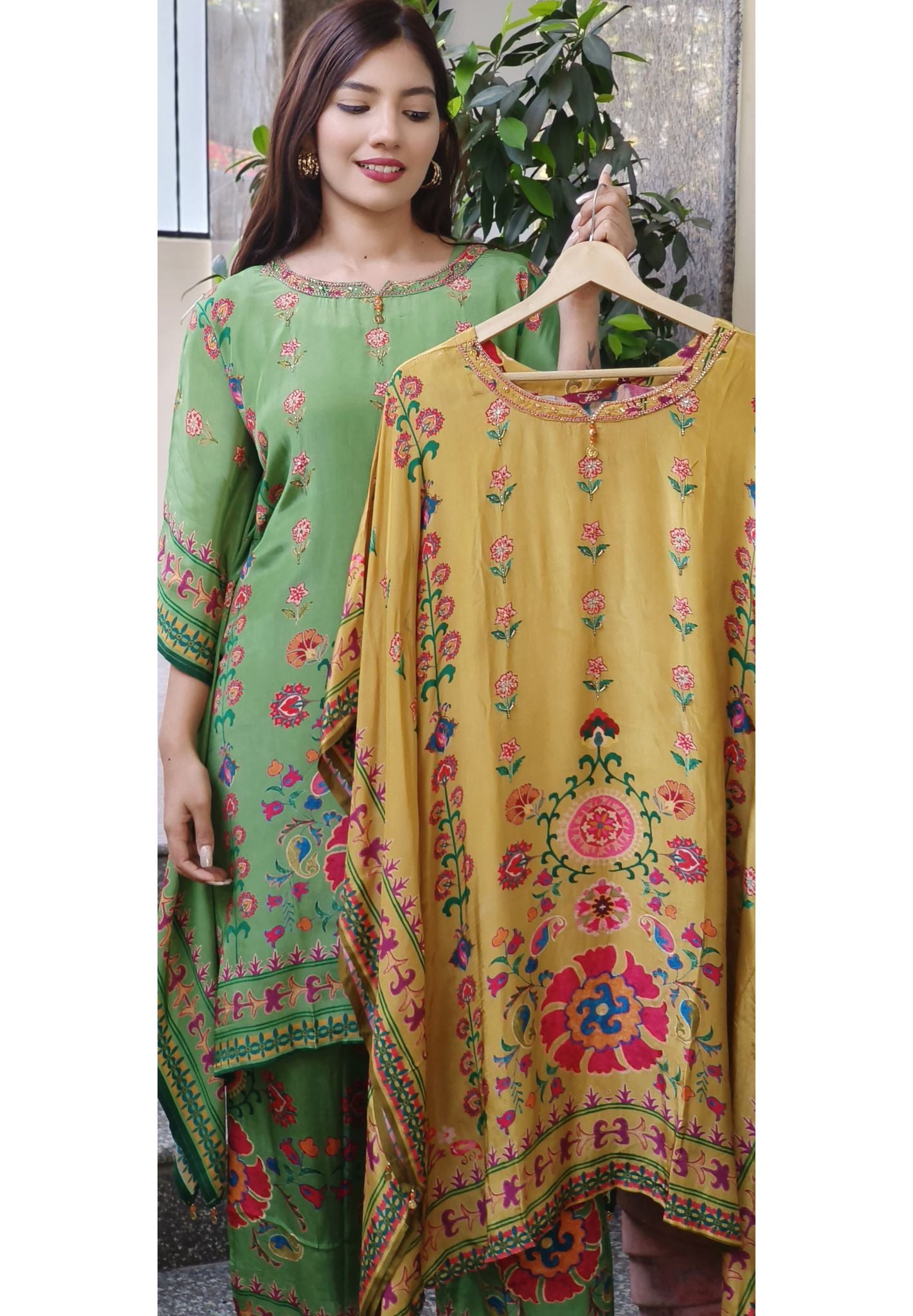 Luxurious Vibrant Printed Crape Kaftan with Inner And Pant With Exquisite Floral Embroidery-08923,08922