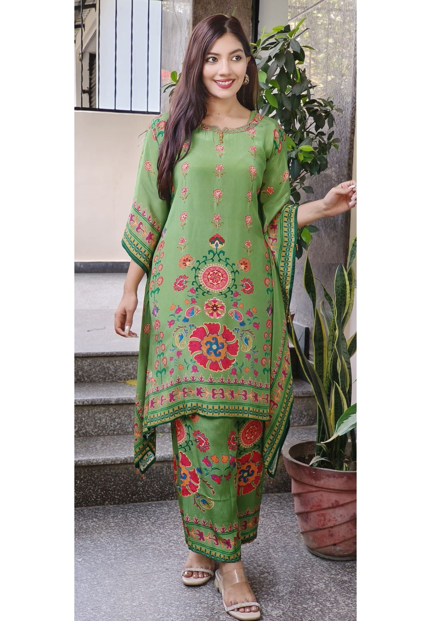 Luxurious Vibrant Printed Crape Kaftan with Inner And Pant With Exquisite Floral Embroidery-08923,08922