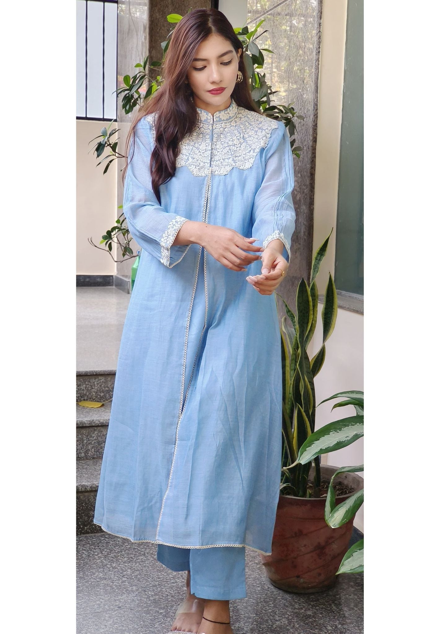 Sky Blue Mul Cotton Fabric Long Inner with Embroidered Jacket and Matching Bottom Delicate Embroidered Cape Collar-09012