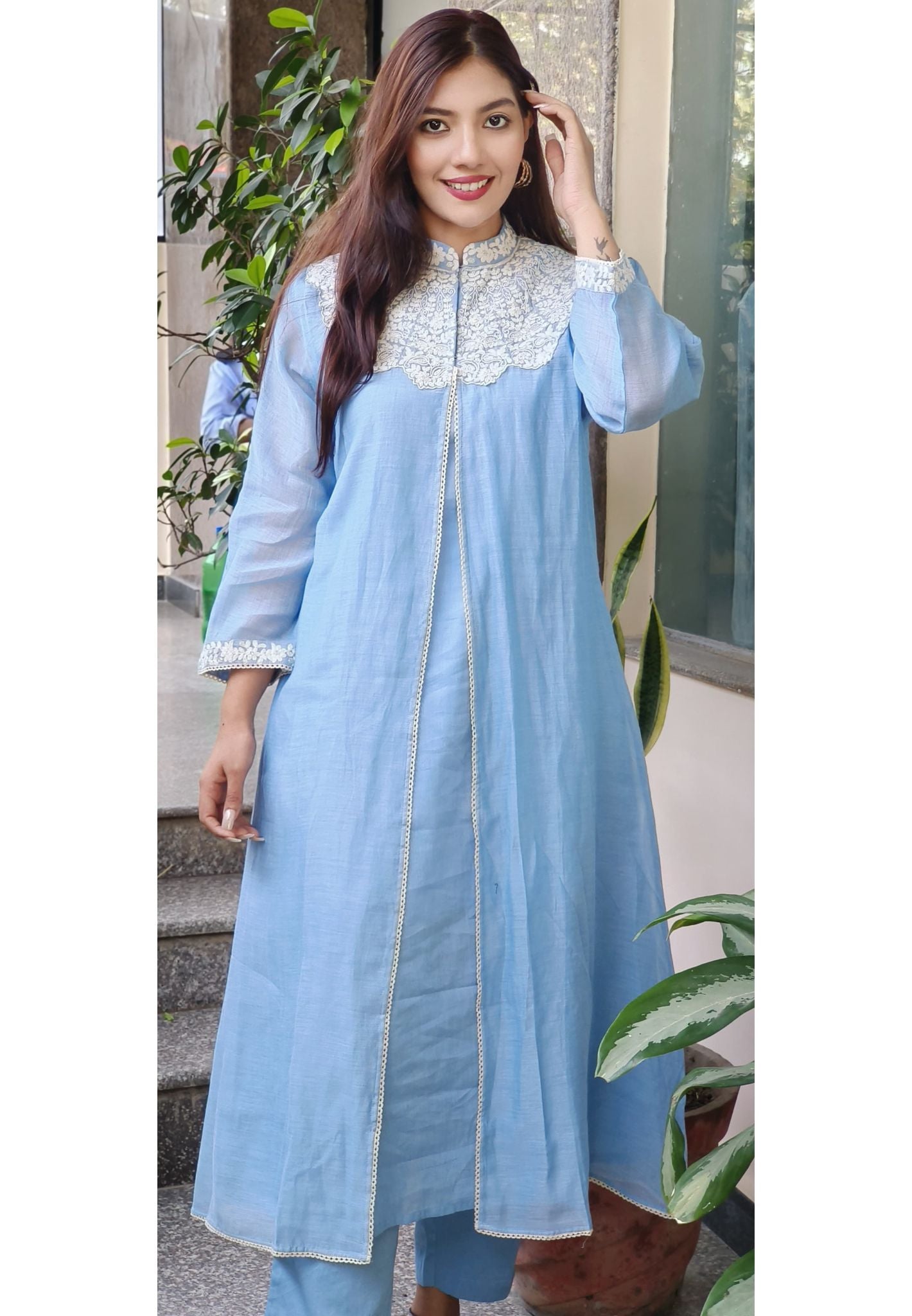 Sky Blue Mul Cotton Fabric Long Inner with Embroidered Jacket and Matching Bottom Delicate Embroidered Cape Collar-09012