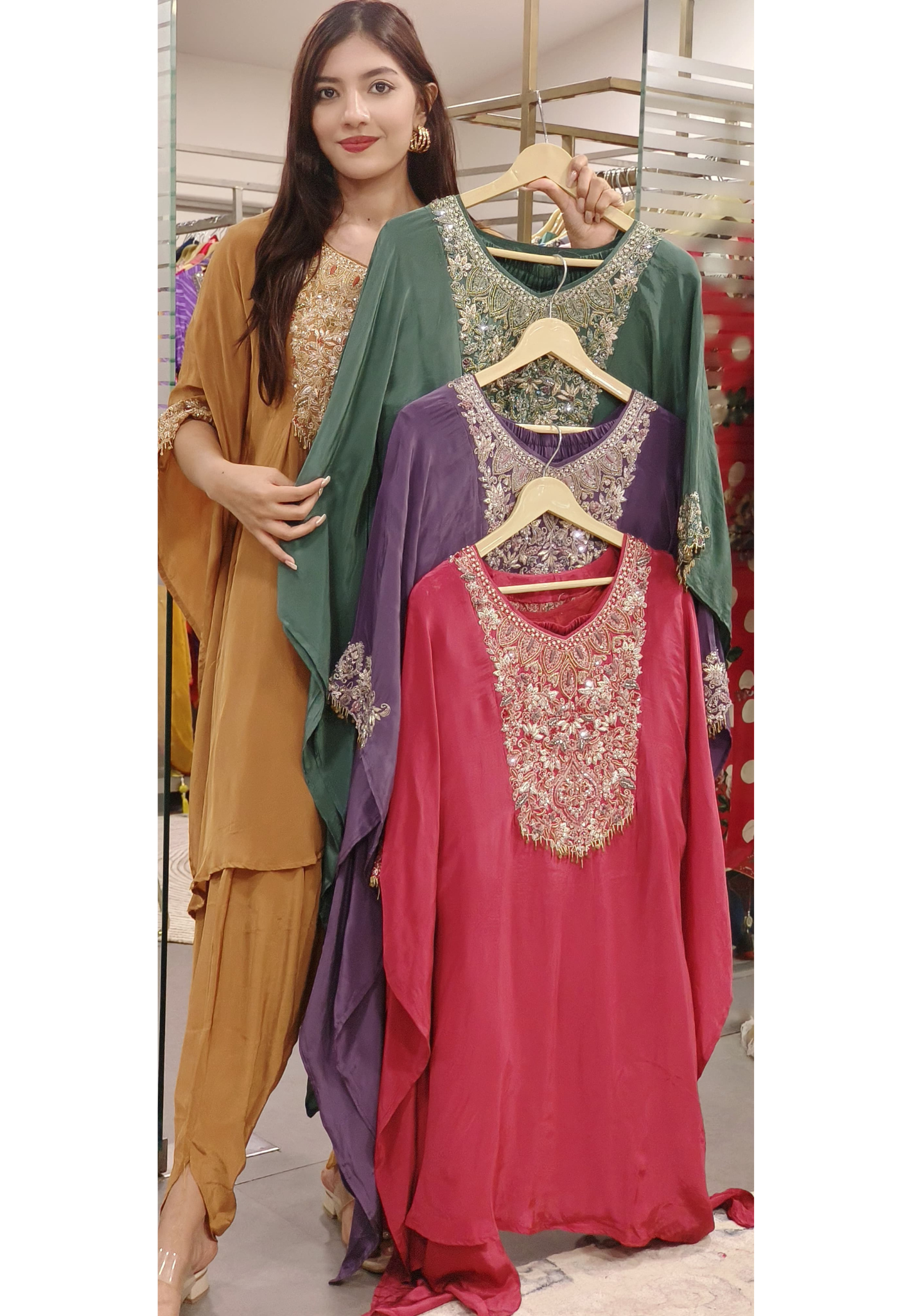 Elegant Zardozi Front Back Embroidered  Crepe Kaftan with Tulip Bottom – A Perfect Fusion of Grace and Comfort-08983,08984,08985,08986