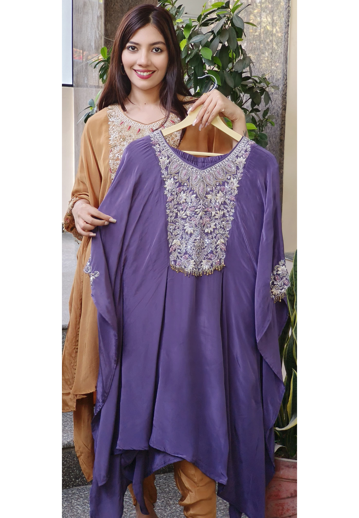 Elegant Zardozi Front Back Embroidered  Crepe Kaftan with Tulip Bottom – A Perfect Fusion of Grace and Comfort-08983,08984,08985,08986