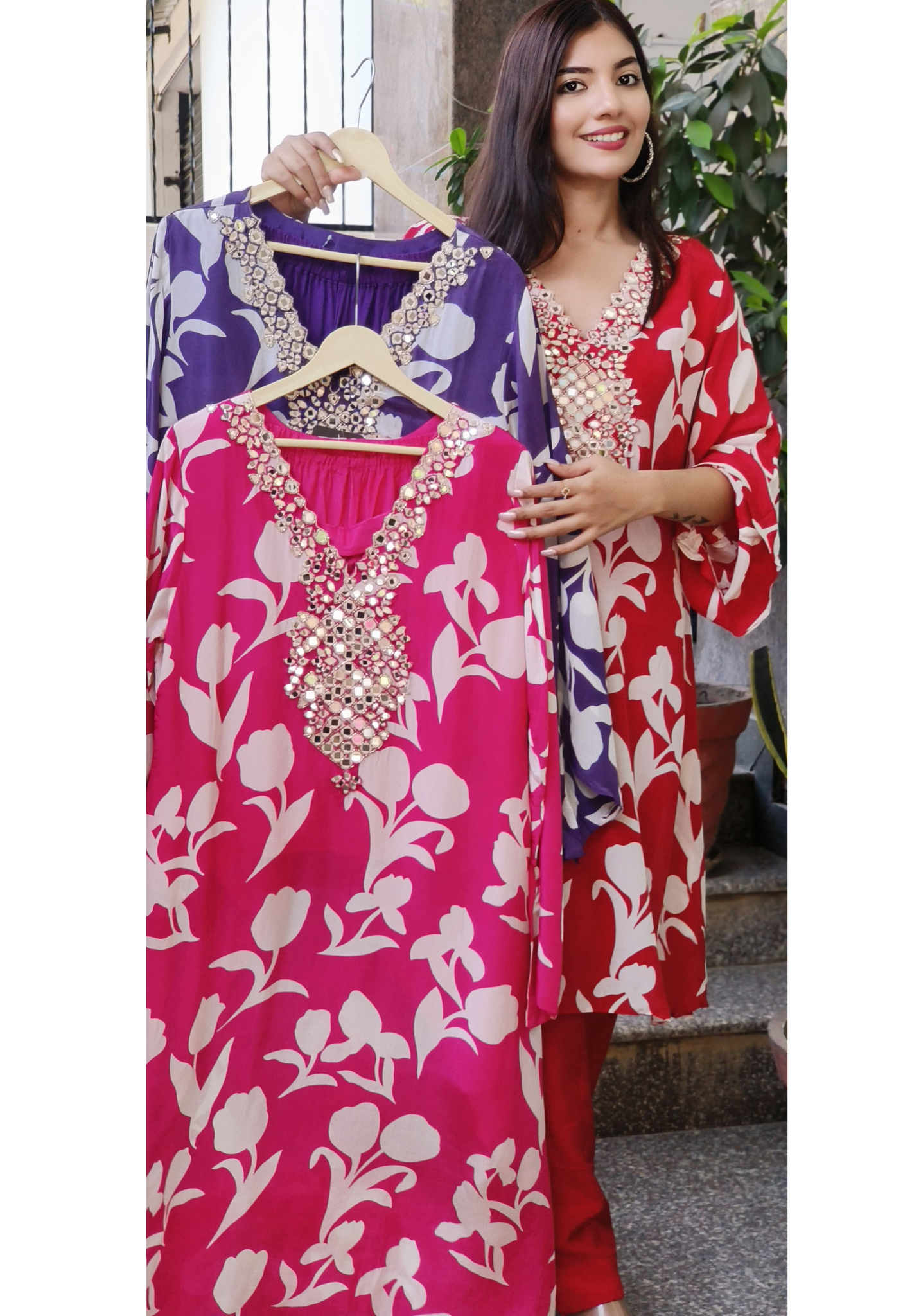 Elegant Floral Printed Crepe Kaftan with Exquisite Real Mirror Work – Perfect for Every Occasion