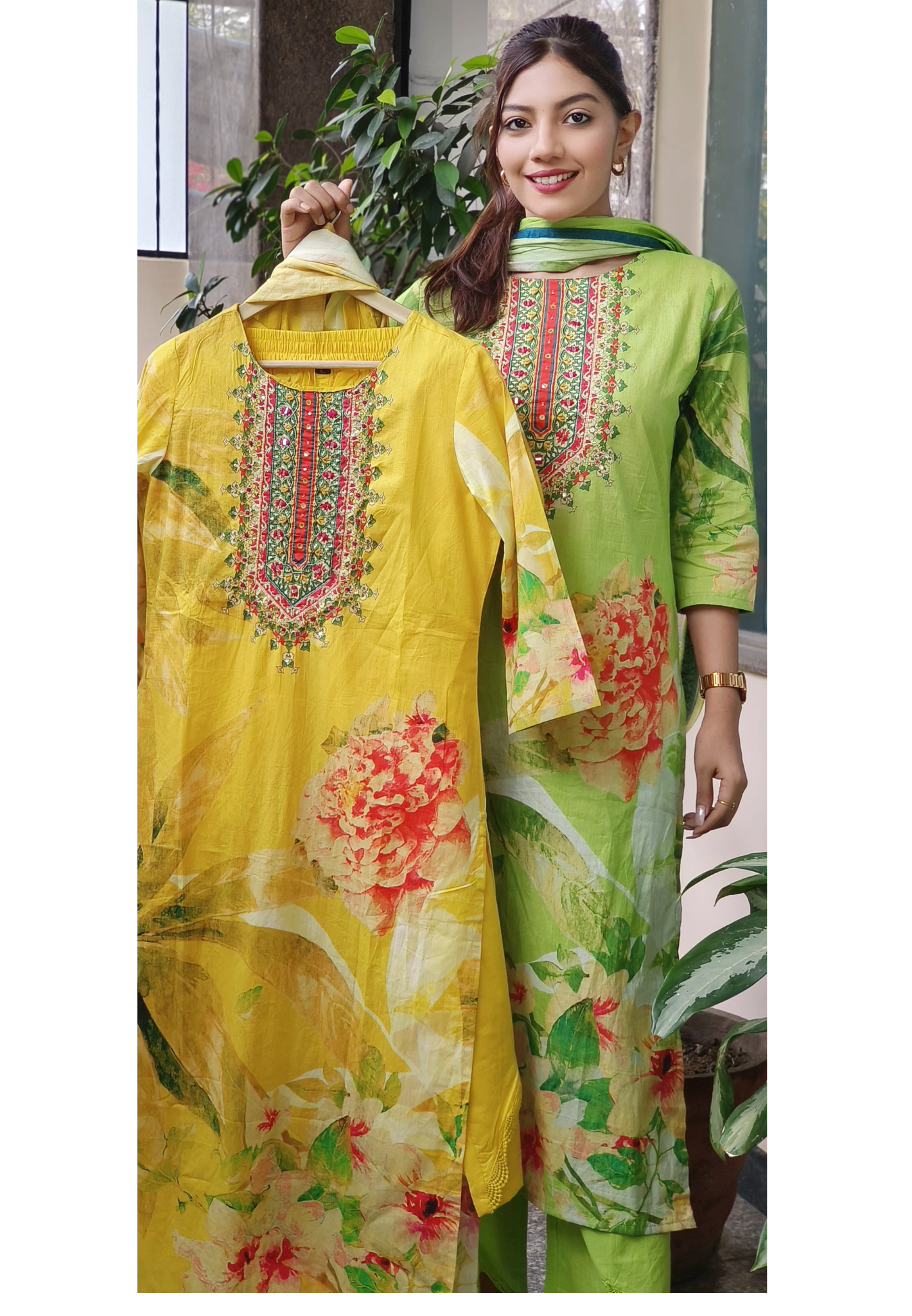 Radiant Floral Cotton Kurta Set with Embroidered Neckline, Coordinated Stylish V shape Bottoms, and Graceful Dupatta 09051,09052
