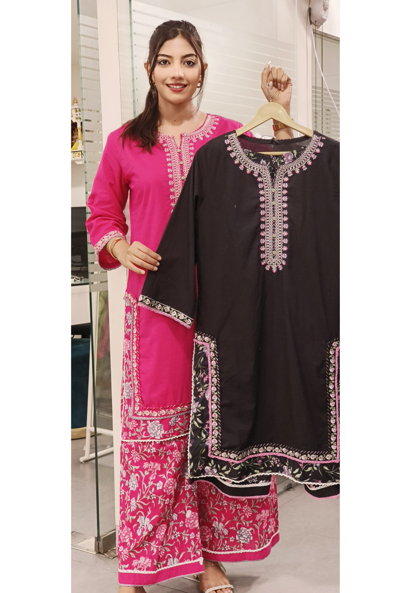 Embroidered Pure Cotton Kurta With Printed Flare  Bottom -09056,09057