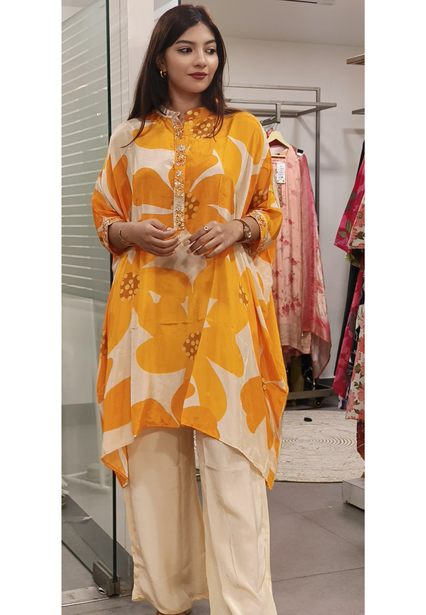 Luxurious Oversized Pure Crepe Kaftan with Bold Floral Print and Flared Bottom for Effortless Elegance 09037