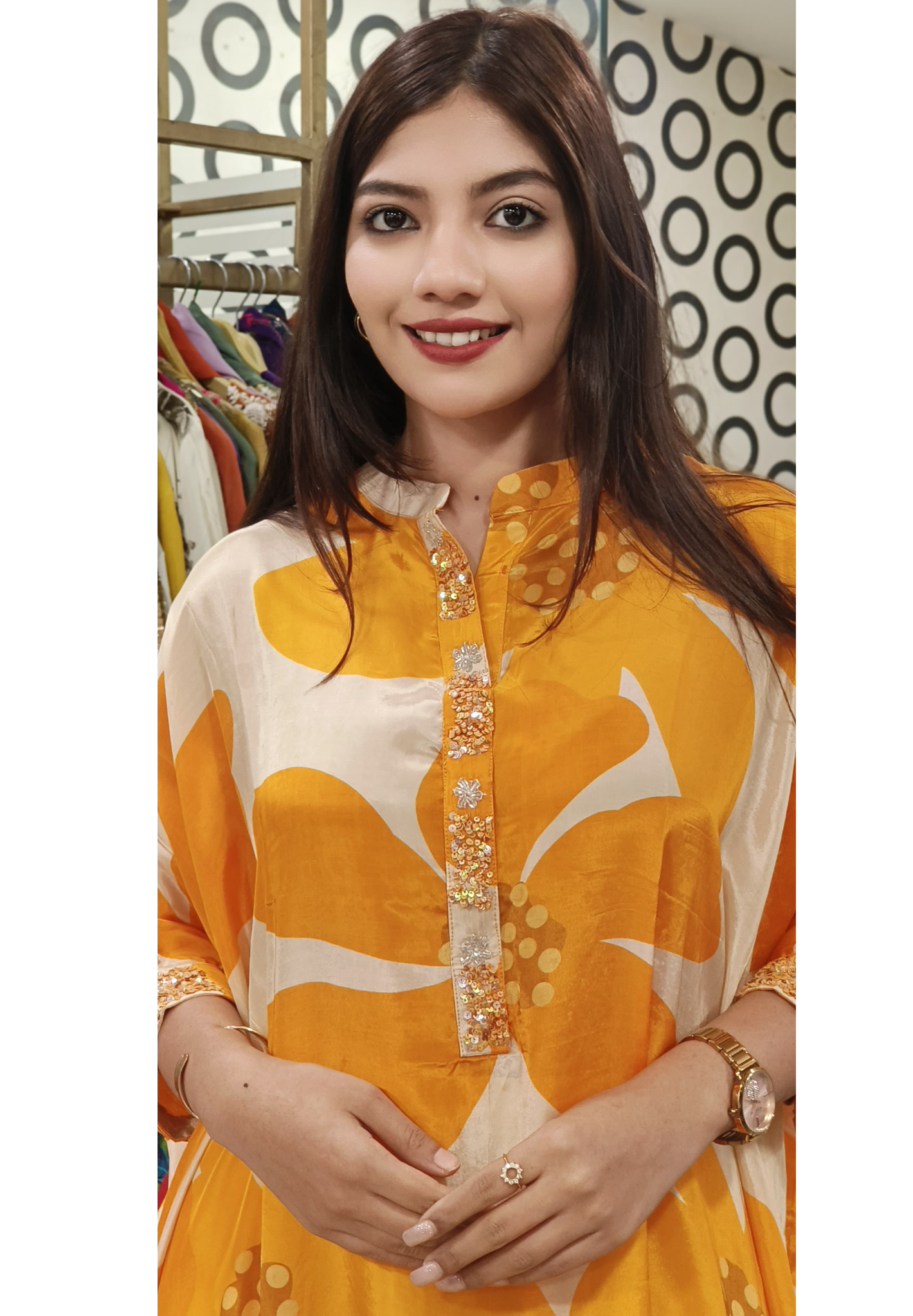 Luxurious Oversized Pure Crepe Kaftan with Bold Floral Print and Flared Bottom for Effortless Elegance 09037