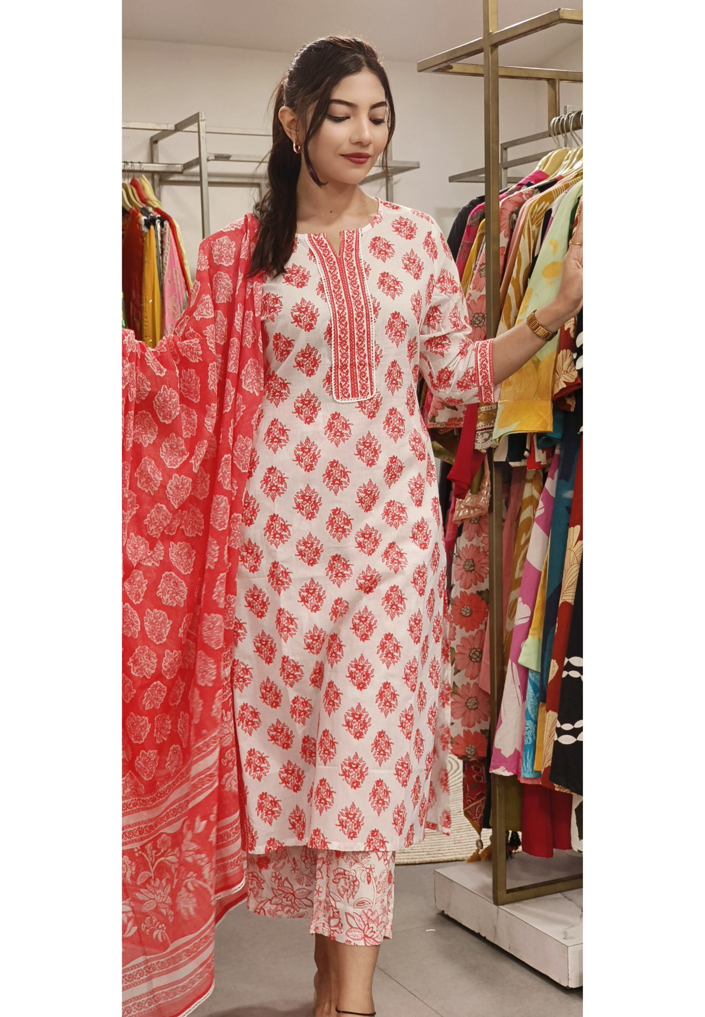 Elegant Handblock Printed Cotton Kurta Set with Matching Bottom and Dupatta 08704