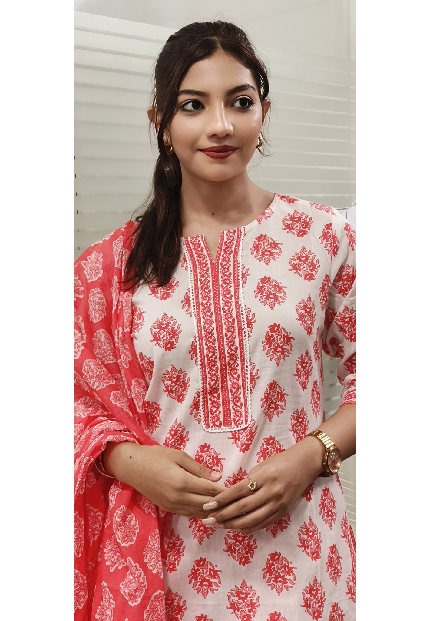Elegant Handblock Printed Cotton Kurta Set with Matching Bottom and Dupatta 08704