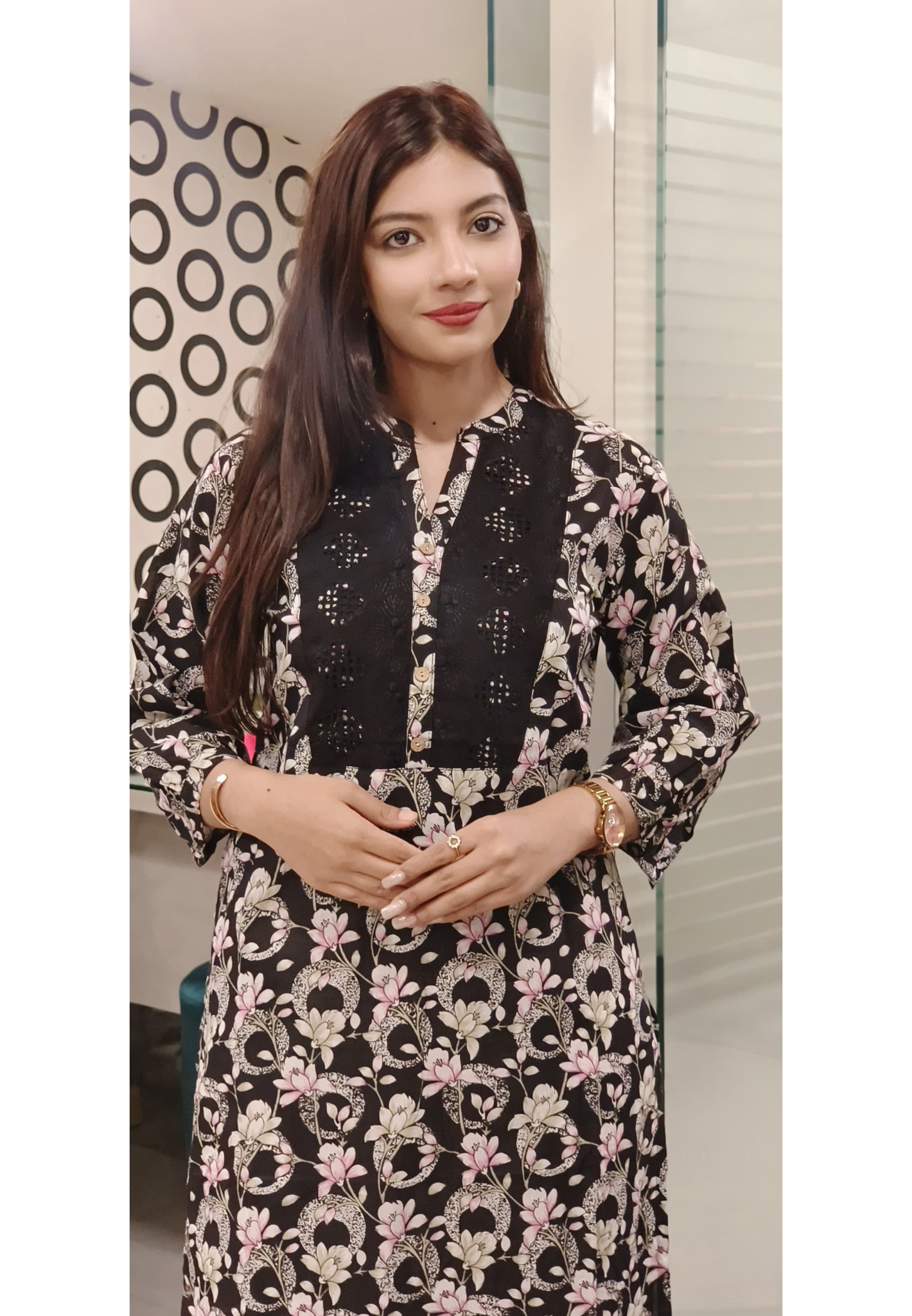 Floral Elegance Black Cotton Kurti with Intricate Lace Detailing and Pastel Accents with pocket 08789
