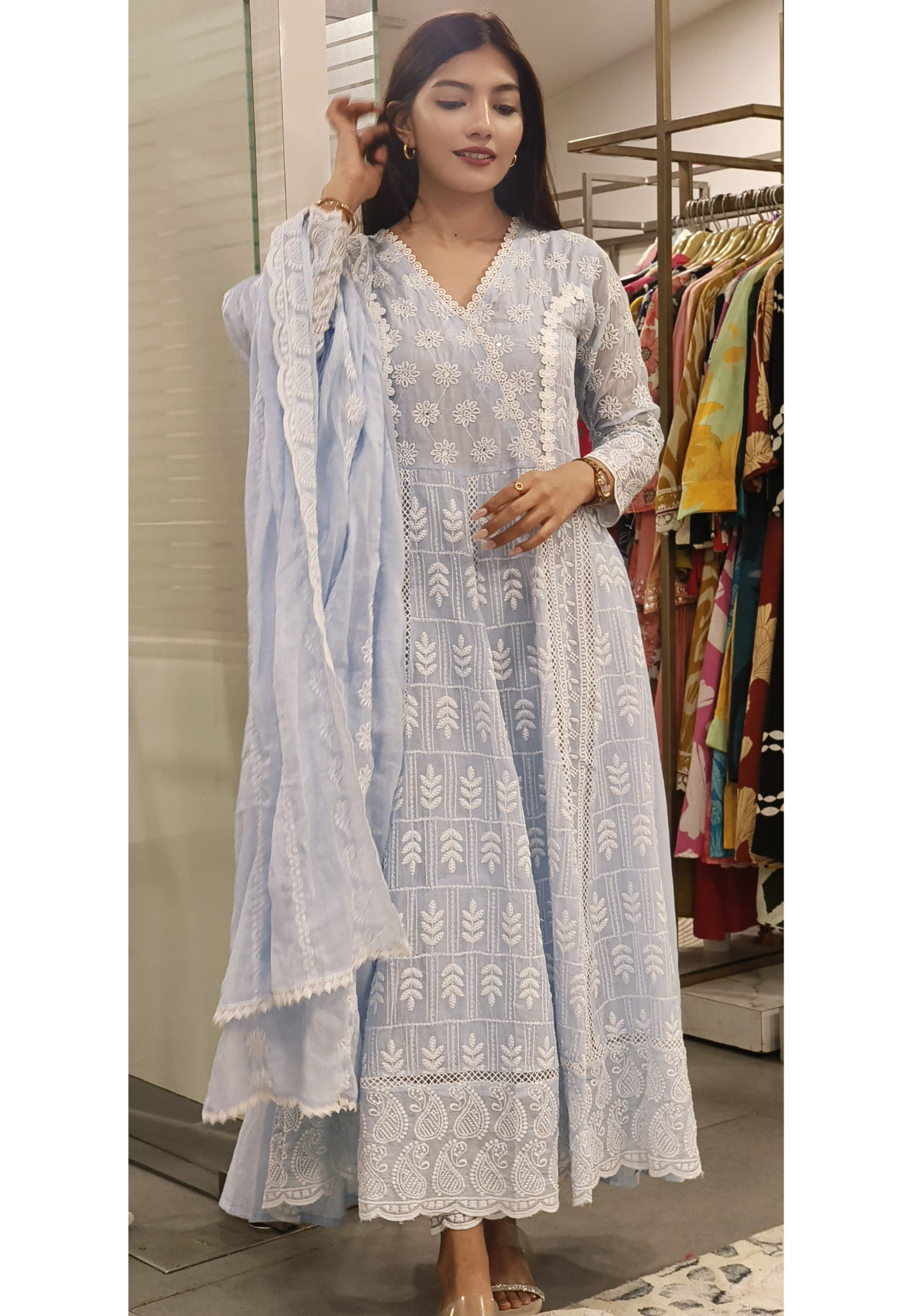 Hot-Selling Pure Cotton  Anarkali Suit with Exquisite Lace Cutwork Detailing