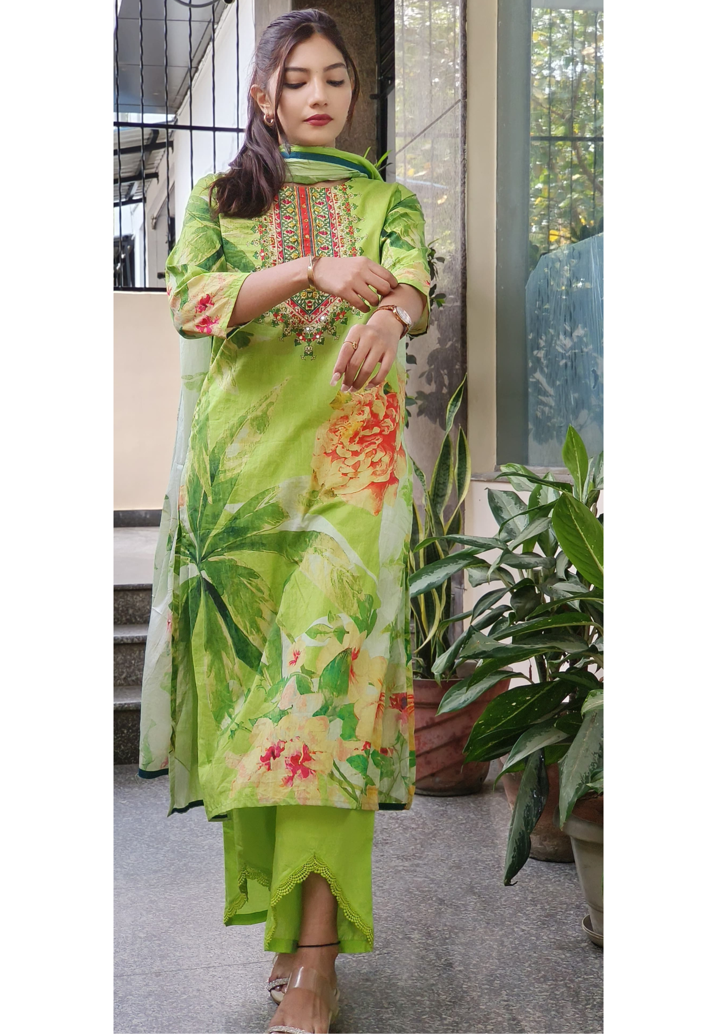 Radiant Floral Cotton Kurta Set with Embroidered Neckline, Coordinated Stylish V shape Bottoms, and Graceful Dupatta 09051,09052
