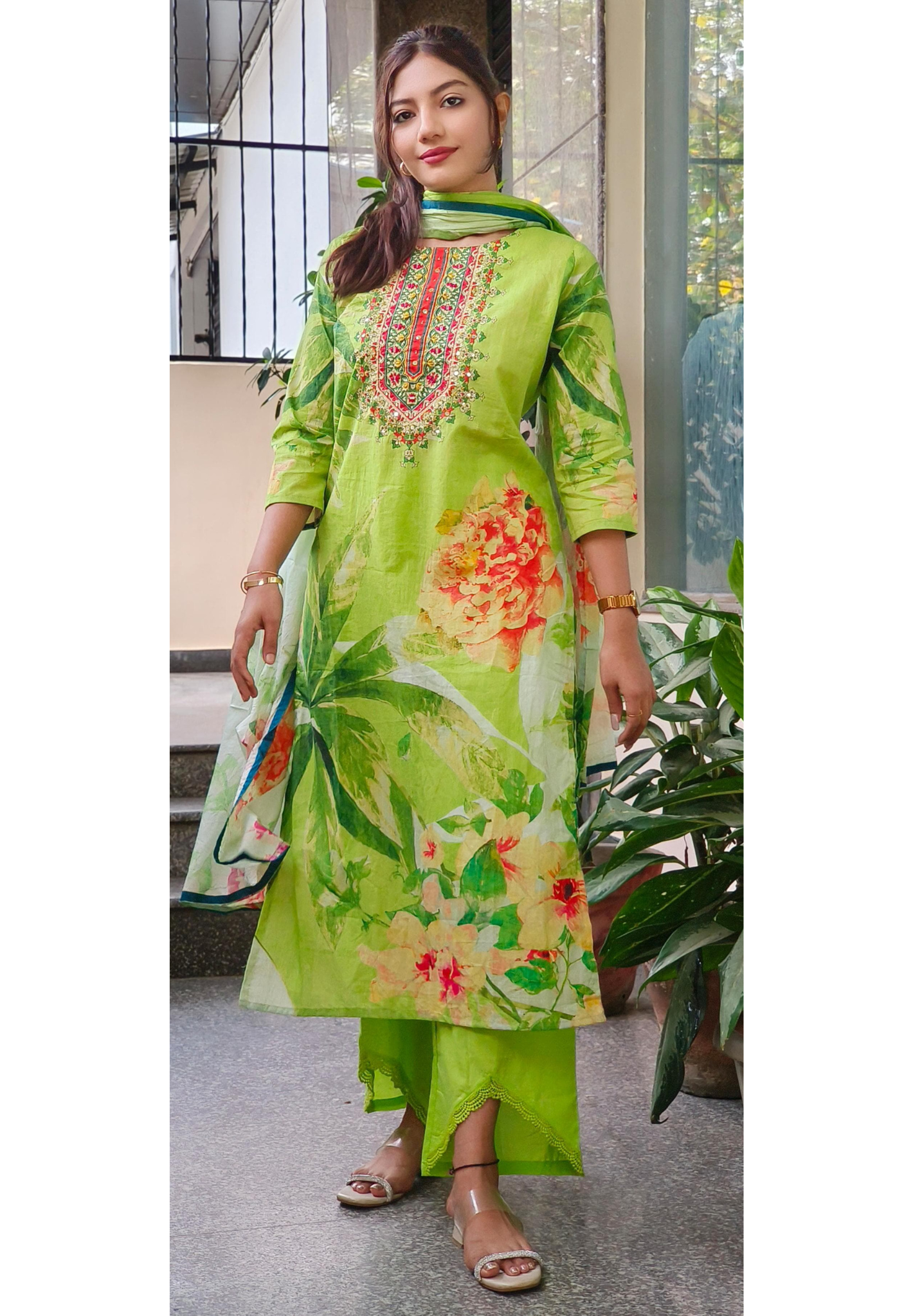 Radiant Floral Cotton Kurta Set with Embroidered Neckline, Coordinated Stylish V shape Bottoms, and Graceful Dupatta 09051,09052