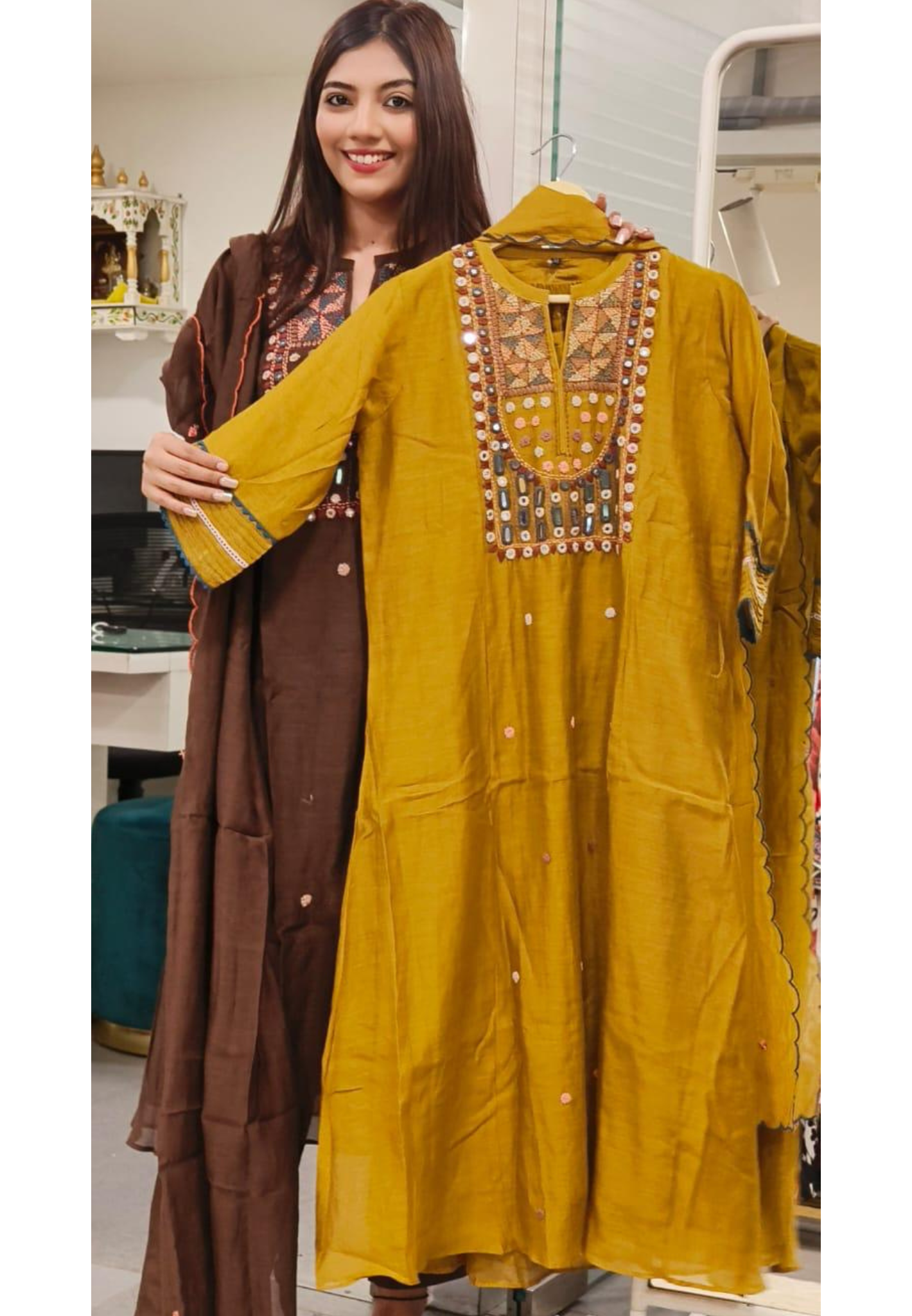 Elegant Chocolate Brown Pure Mul Chanderi Mirror Embroidered Suit Set-09042