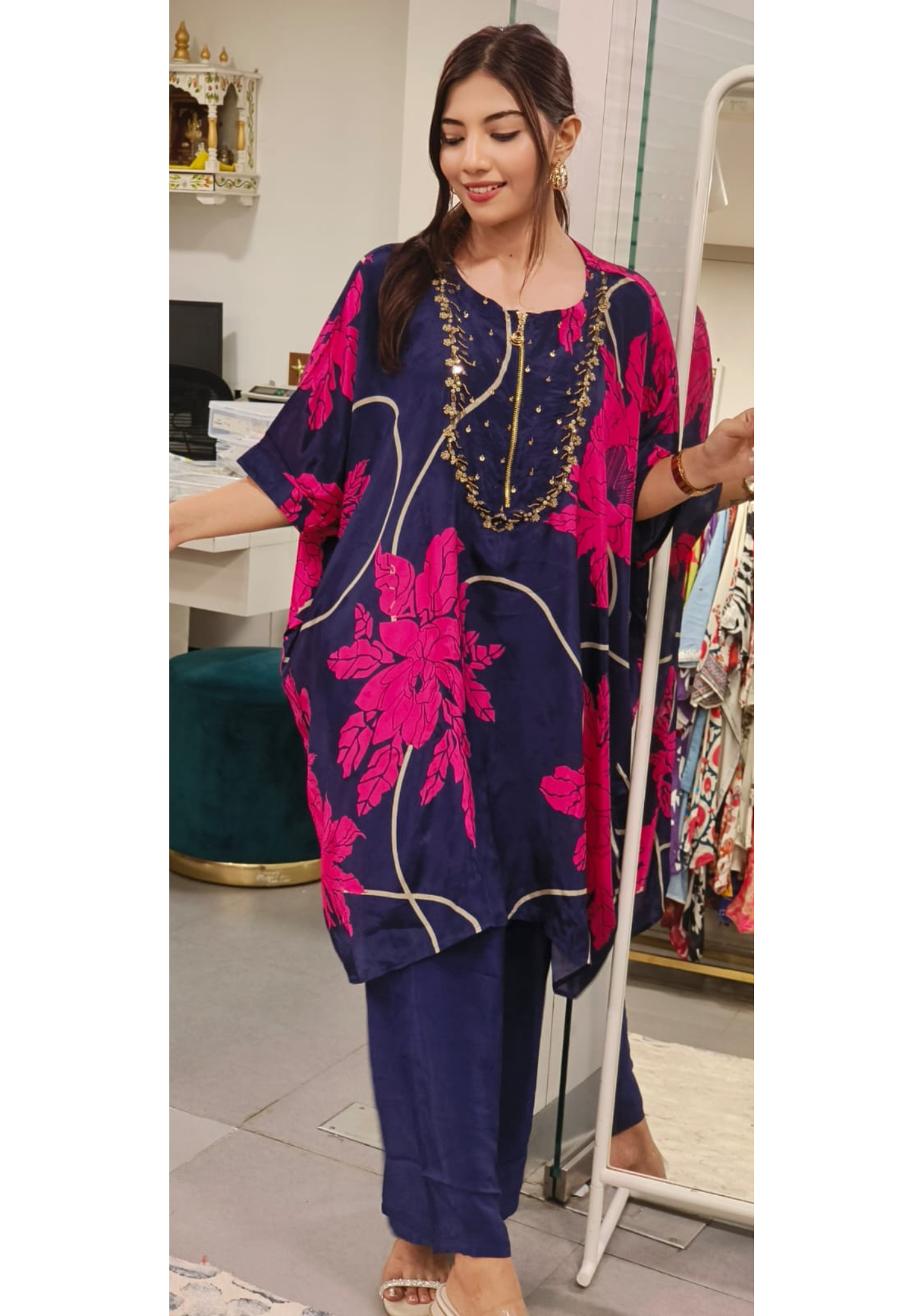 Purple Megenta Pure Crepe Oversized Sleeve Kaftan with Glamorous Embellishments and Elegant Flared Bottom
