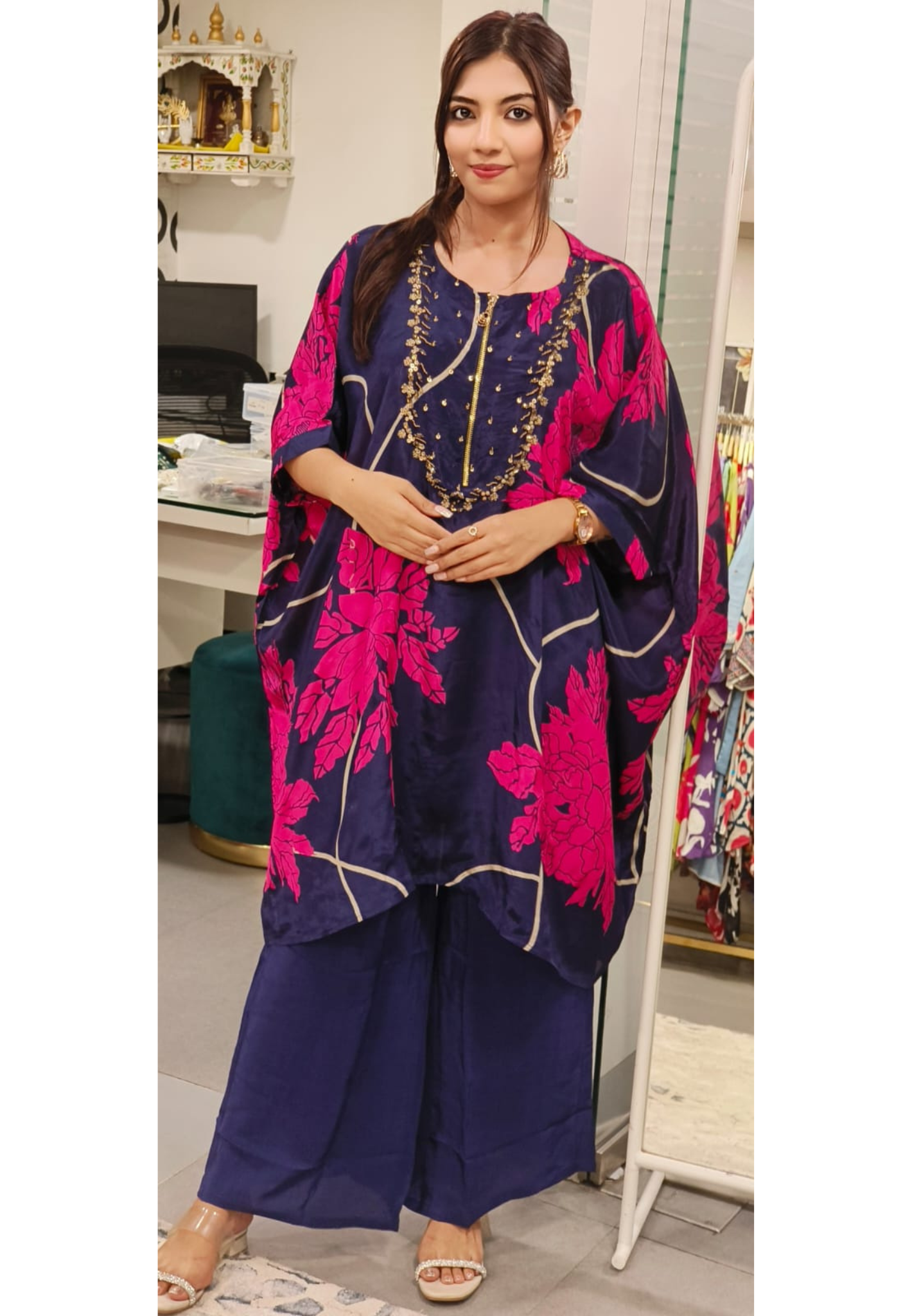 Purple Megenta Pure Crepe Oversized Sleeve Kaftan with Glamorous Embellishments and Elegant Flared Bottom