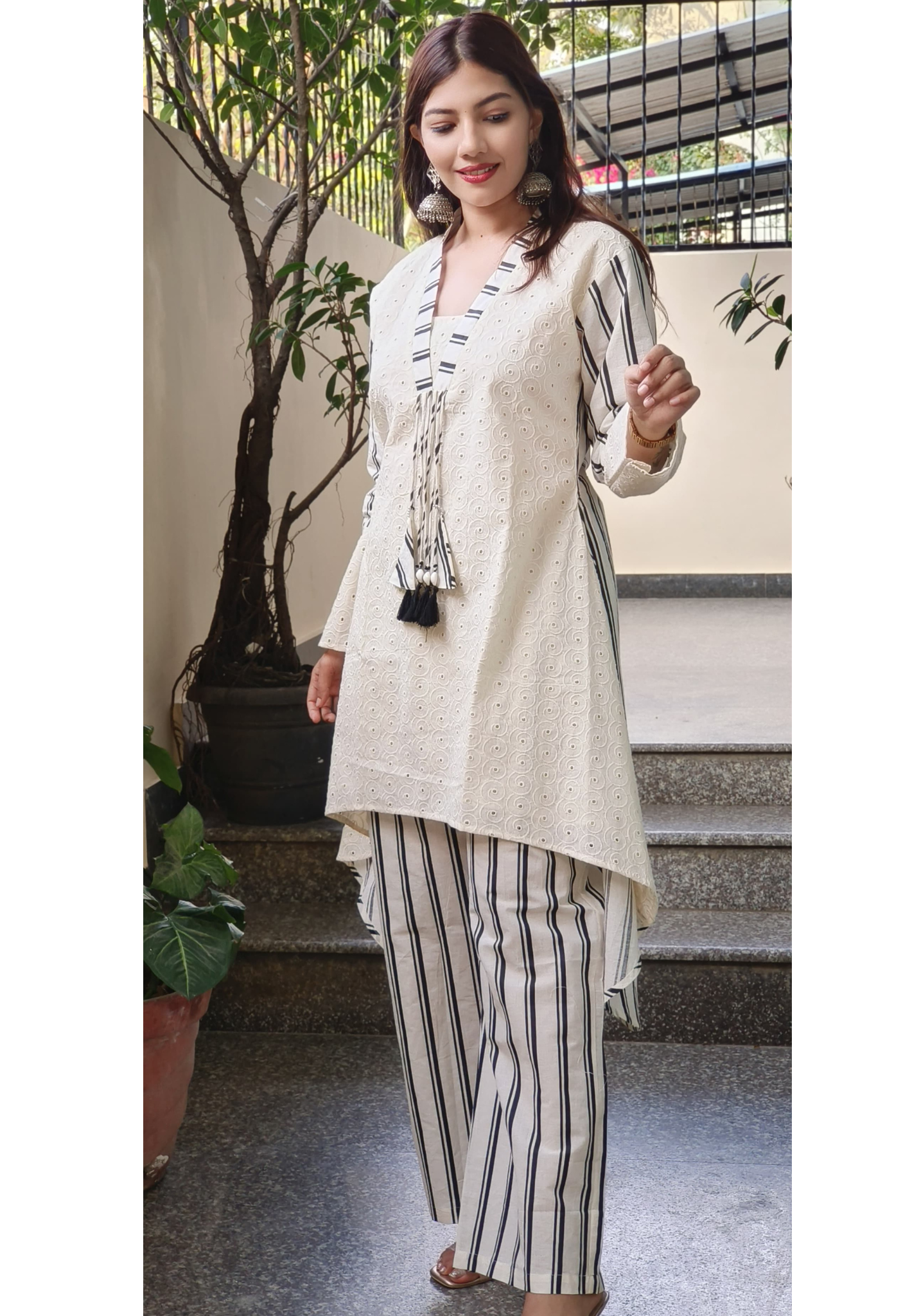 Stylish Hi Low Pure Cotton with Srtipe Bottom-09036