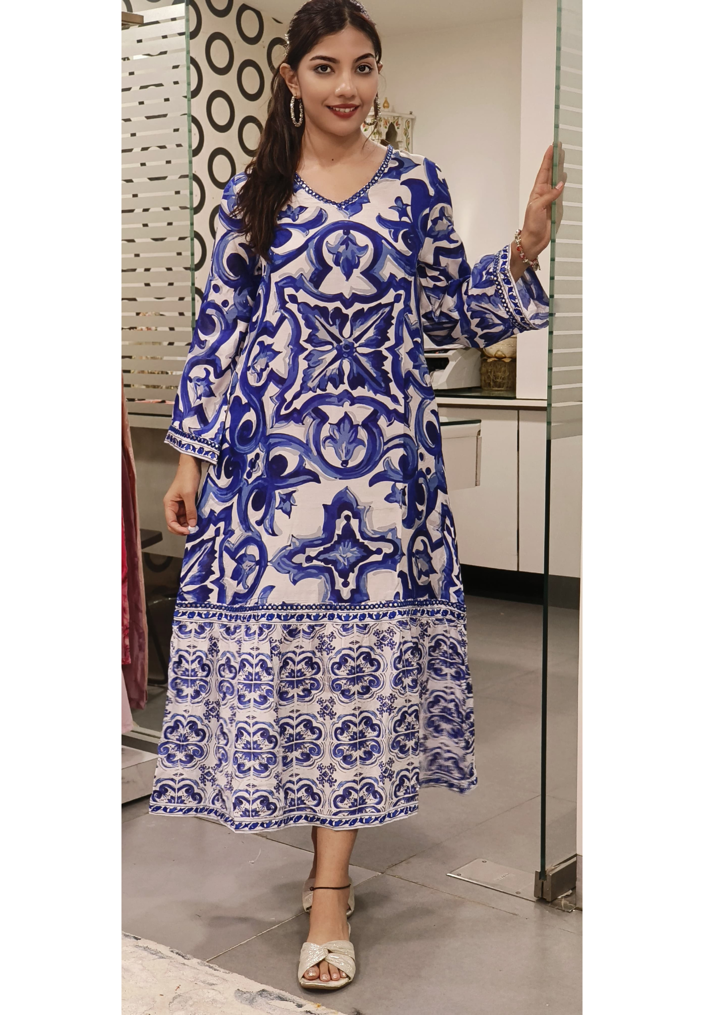 Foil Mirror Inkblue Abstract Print Frock-09107