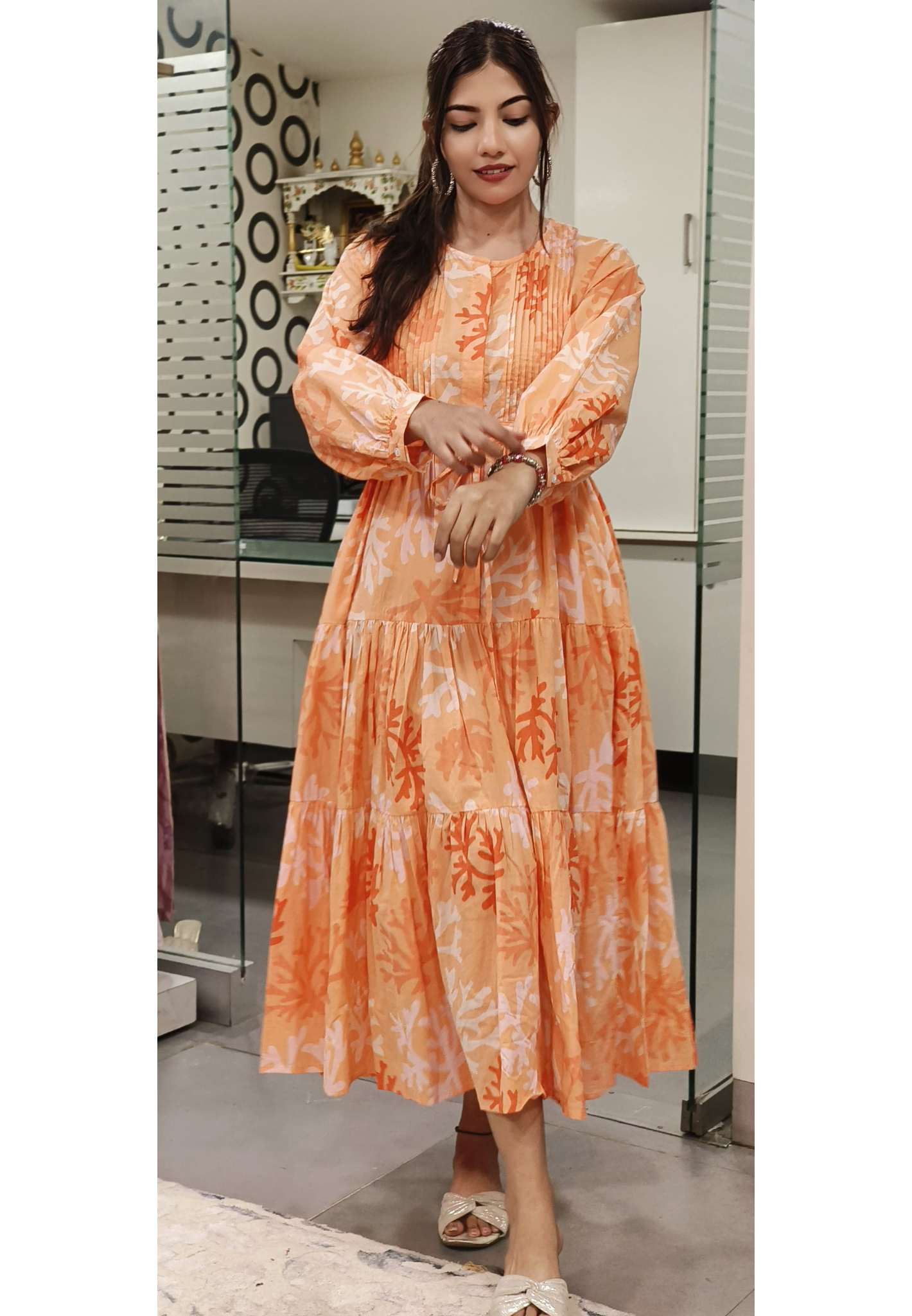 Peach Summer Floral Print Frock-09105