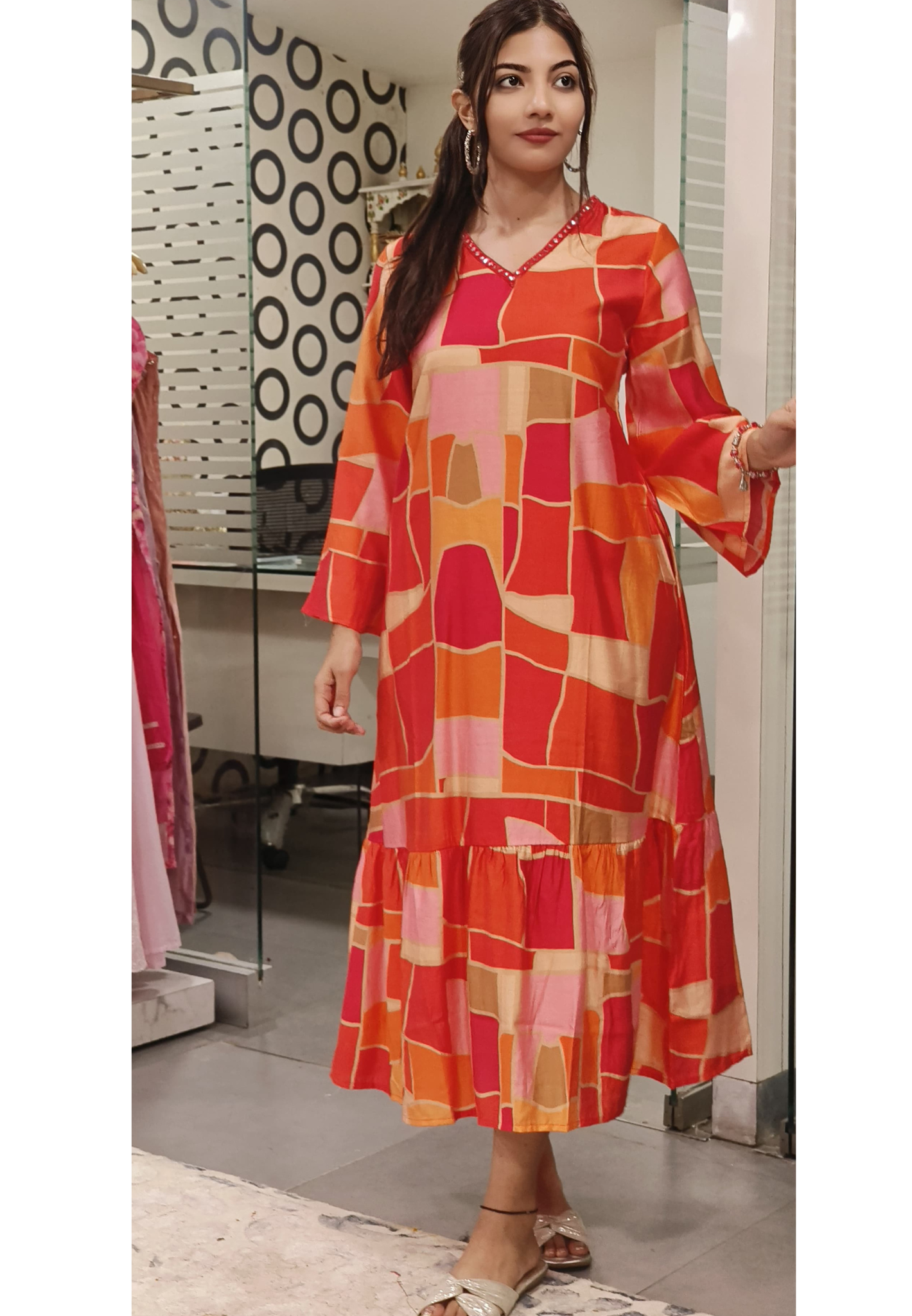 Abract Print Foil Mirror Embroidered Neck Muslin Ankel Length Frock-09113