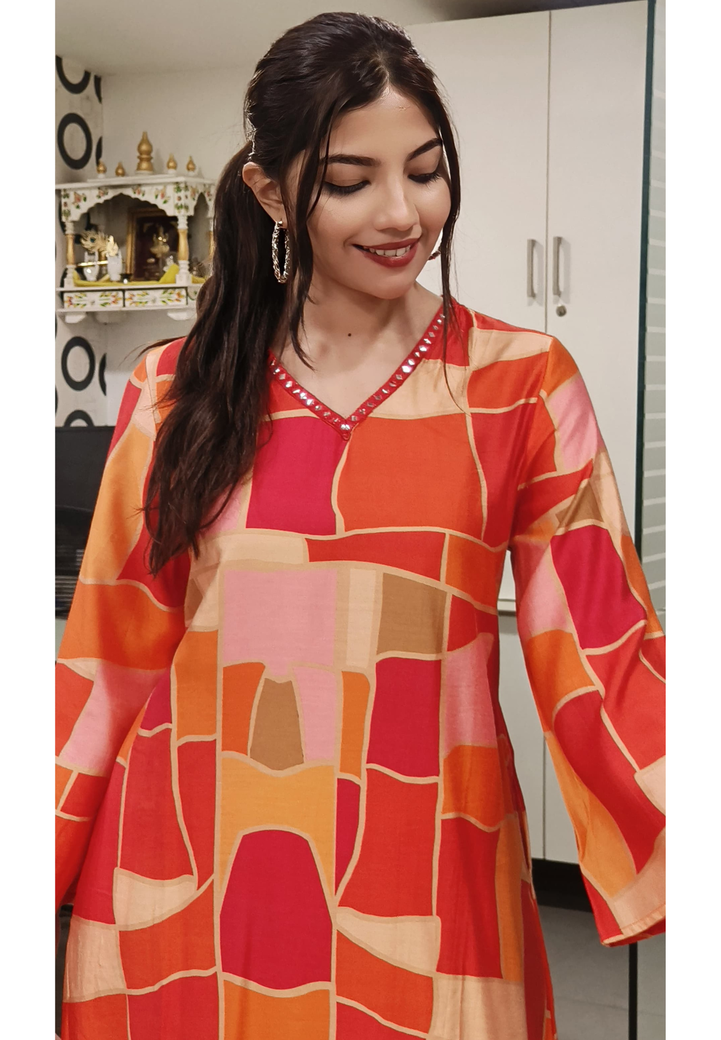 Abract Print Foil Mirror Embroidered Neck Muslin Ankel Length Frock-09113