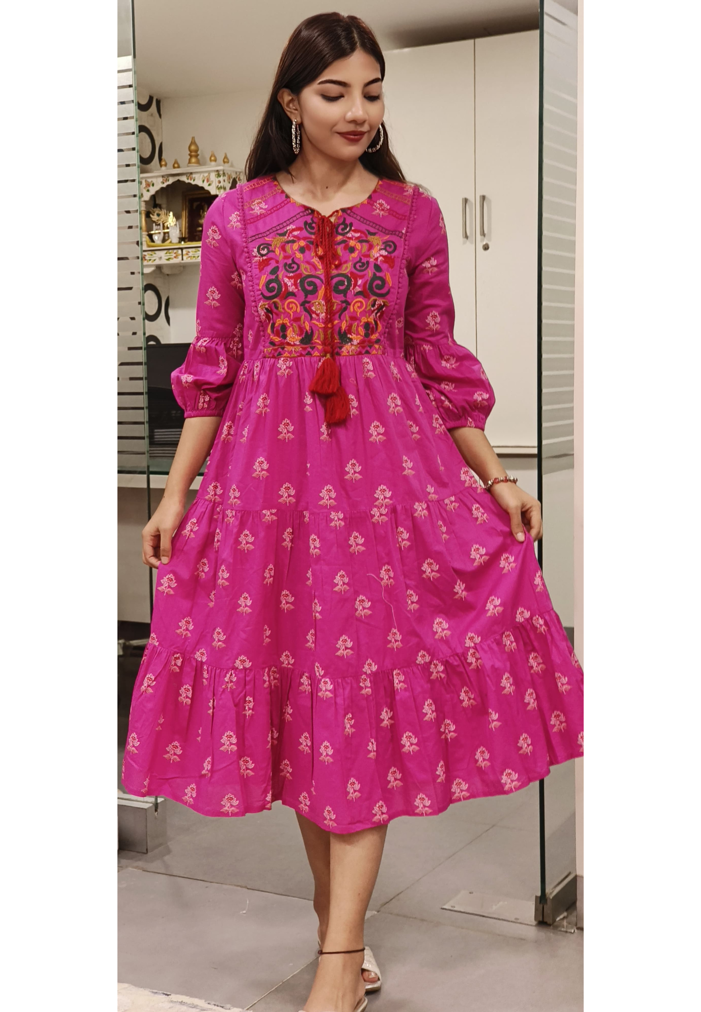 Thread Embroidered Cotton Below Knee Length Frock-09108