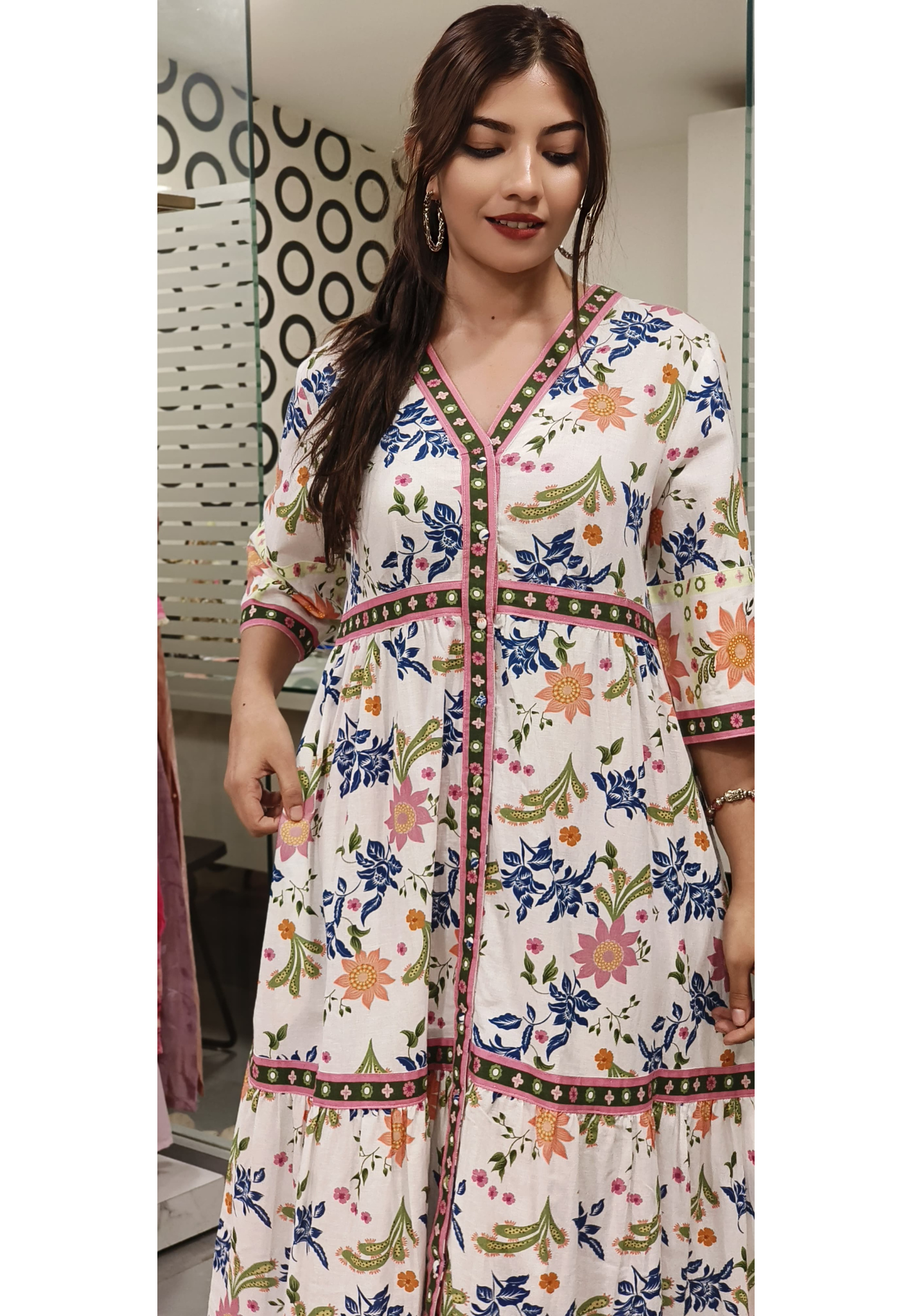 Floral Print With Bottons Slub Cotton Ankel Length Frock