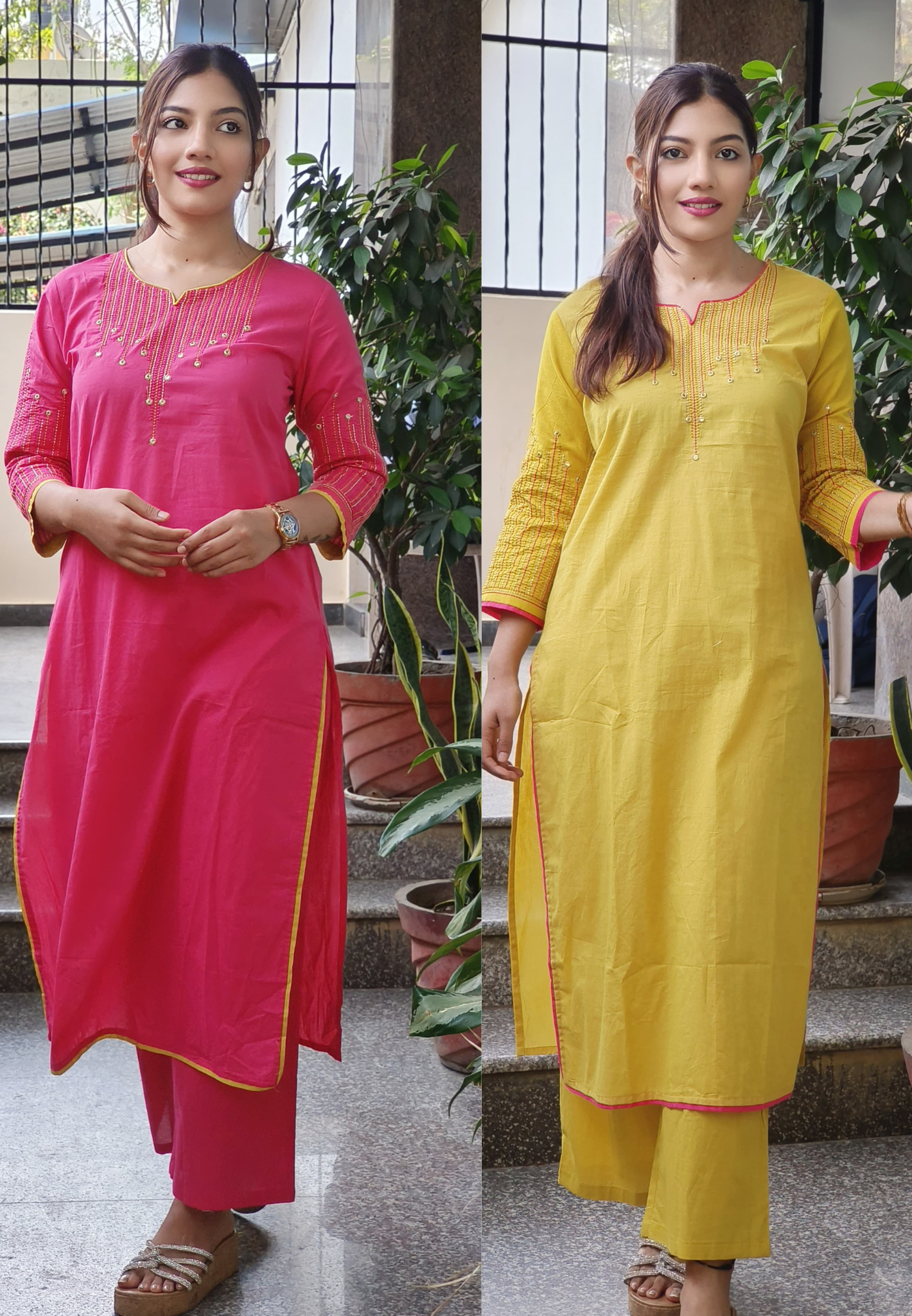 Elegant Embroidered Cotton Kurta with Matching Pants-09146,09147