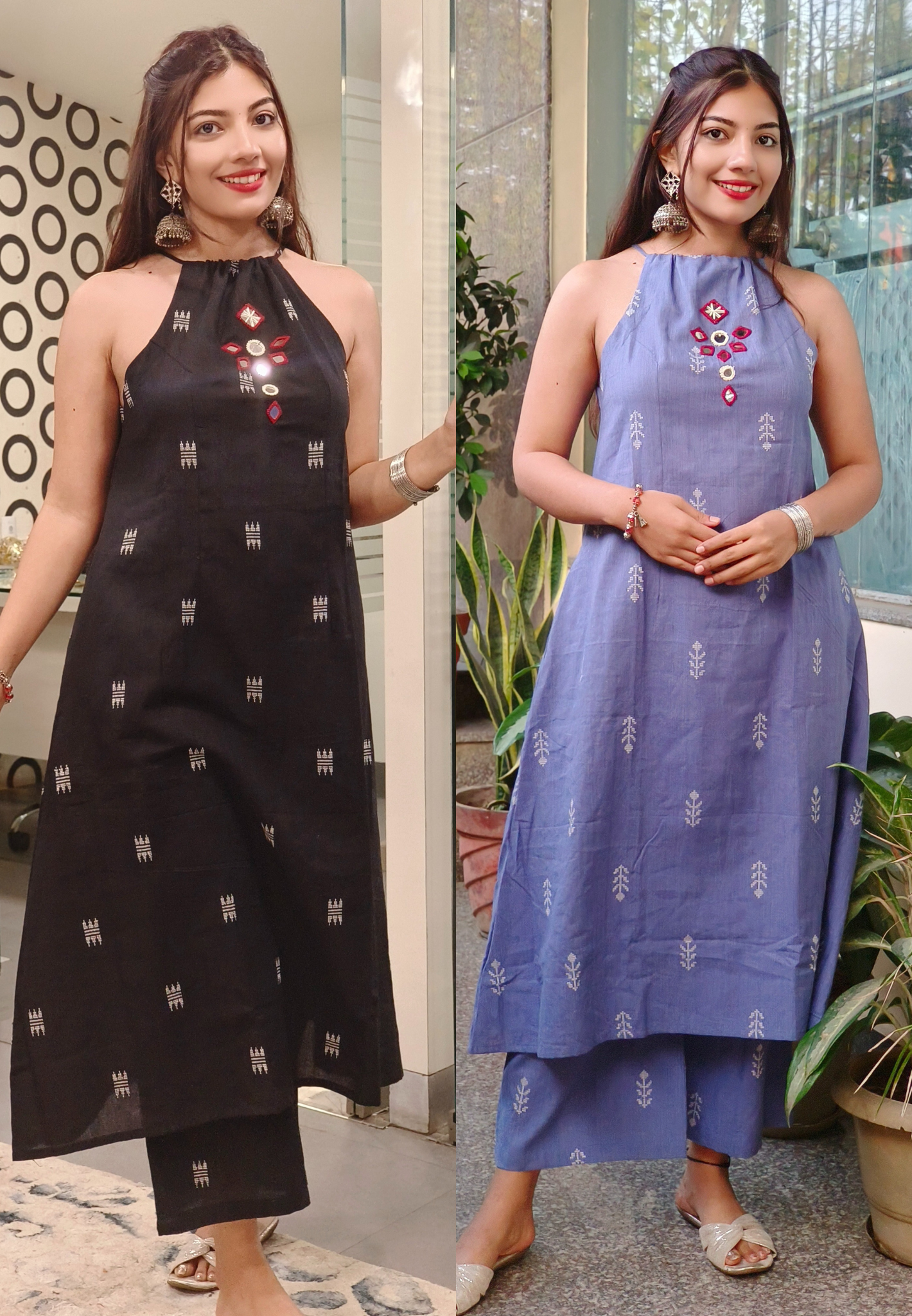 Sleveless Tie-Knot Cotton Aline Kurta with  Real Mirror Work And Flowing Palazzo-09141,09140