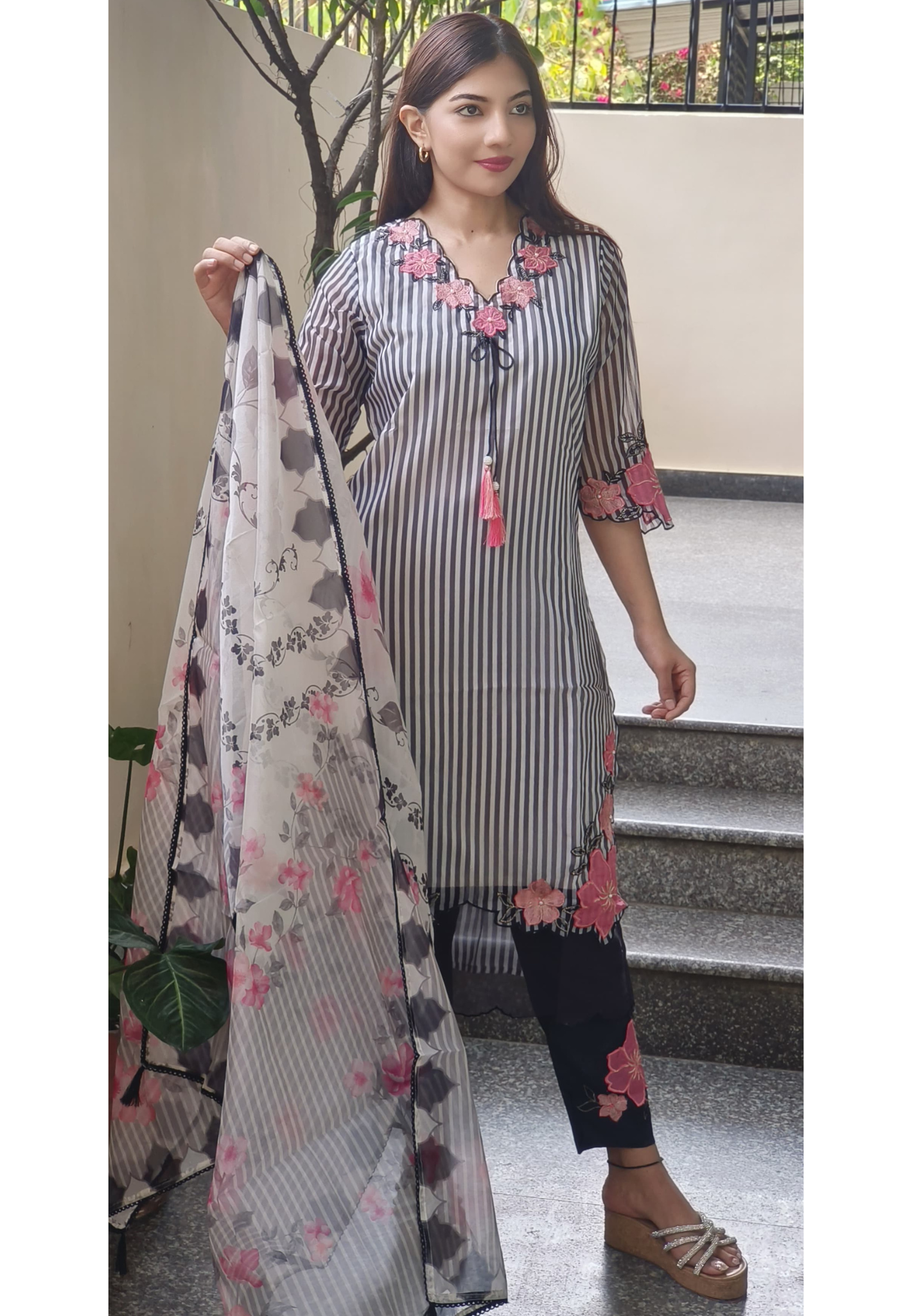 Elegant Striped Organza Suit Set with Stylish Bottom & Matching Dupatta 09209