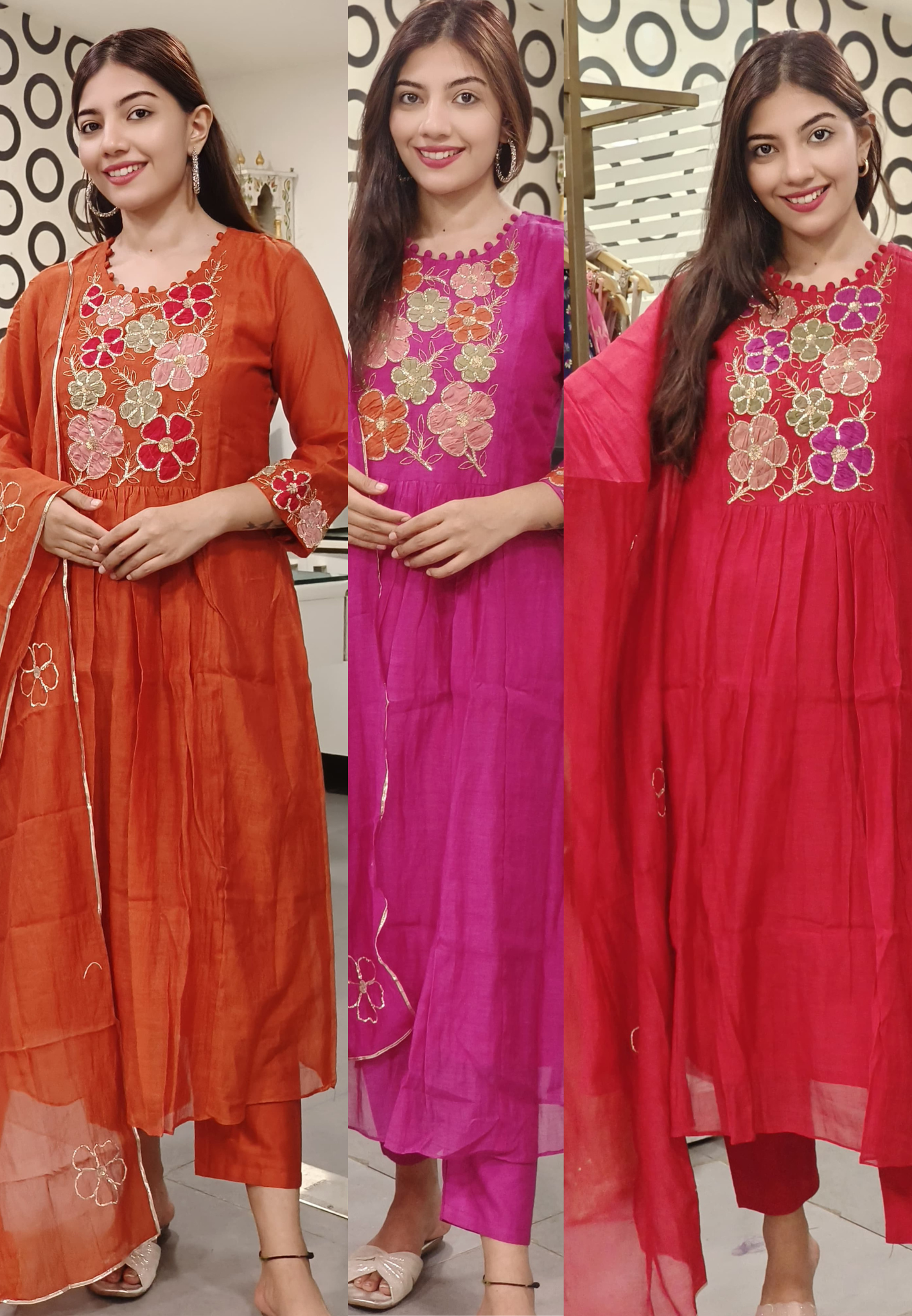 Exquisite Patch Flower Embroidered A-Line Mul Chanderi Full Suit Set – -09200,09199,09201